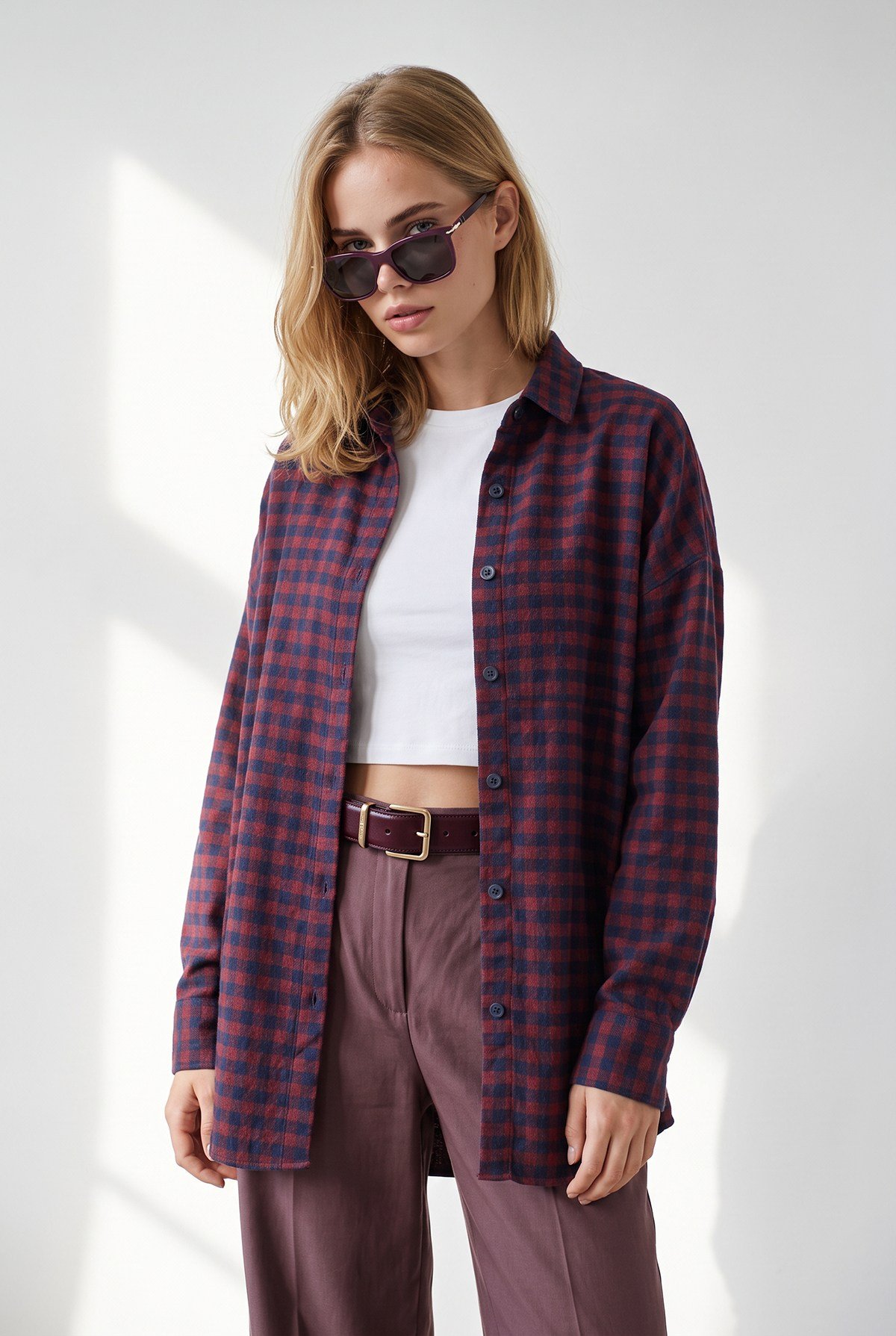 Mini Ekose Loose Fit Gömlek Bordo Lacivert