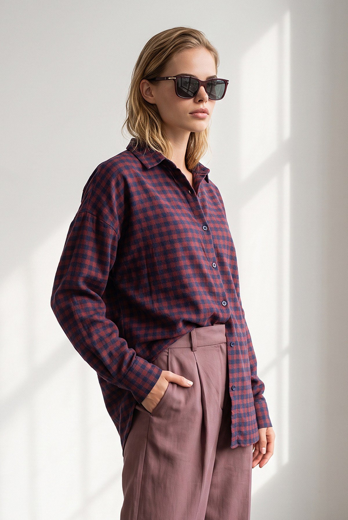 Mini Ekose Loose Fit Gömlek Bordo Lacivert