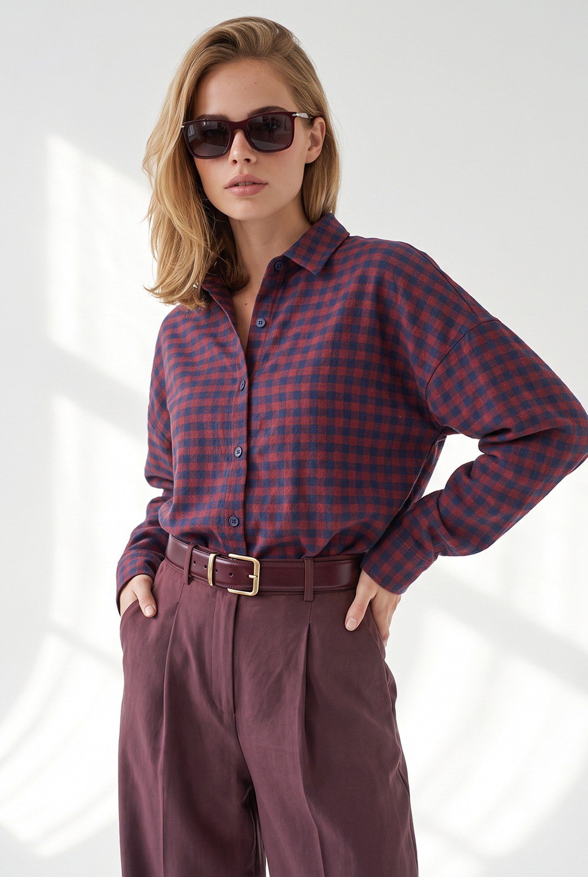 Mini Ekose Loose Fit Gömlek Bordo Lacivert