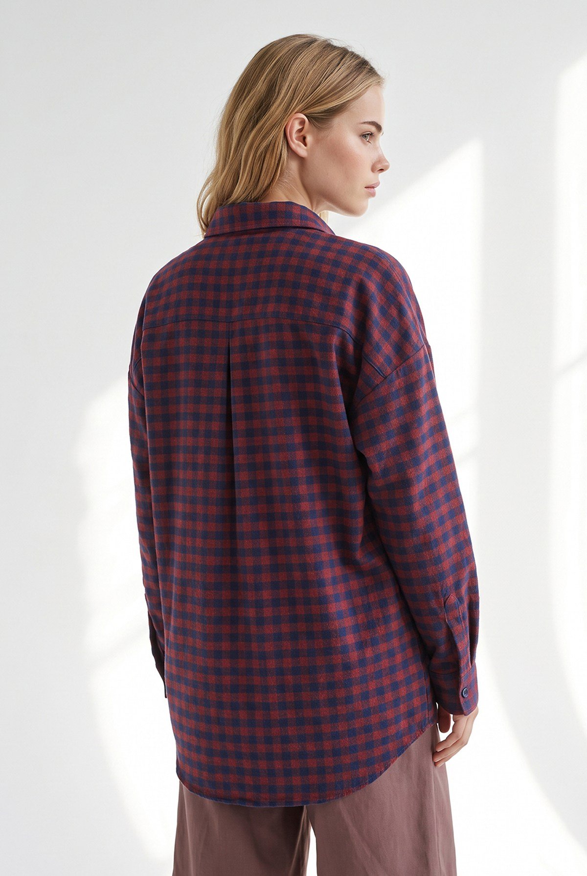 Mini Ekose Loose Fit Gömlek Bordo Lacivert