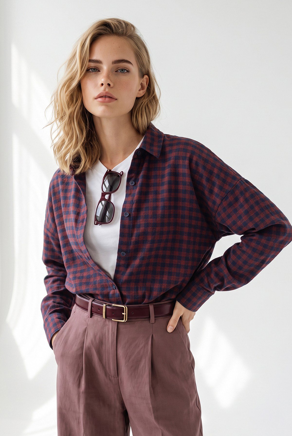 Mini Ekose Loose Fit Gömlek Bordo Lacivert