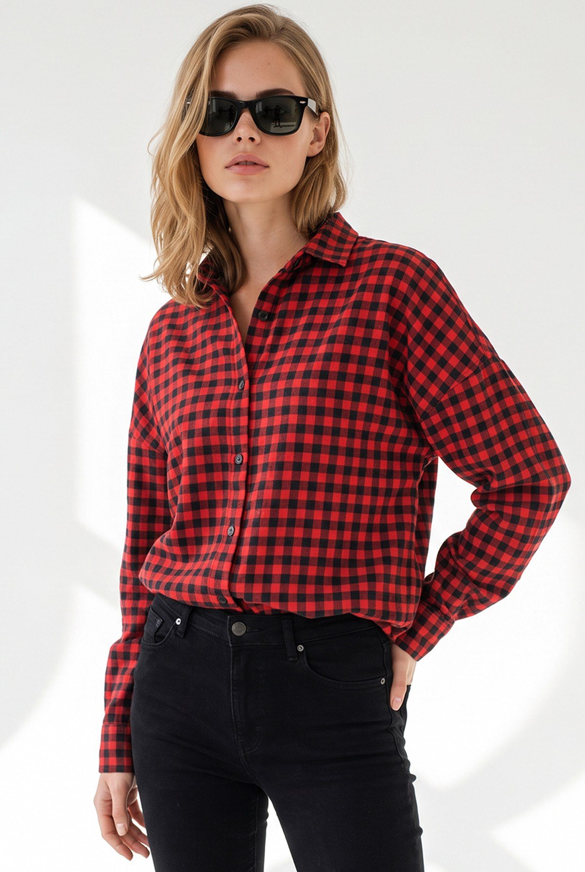 Mini Ekose Loose Fit Gömlek Kırmızı Siyah