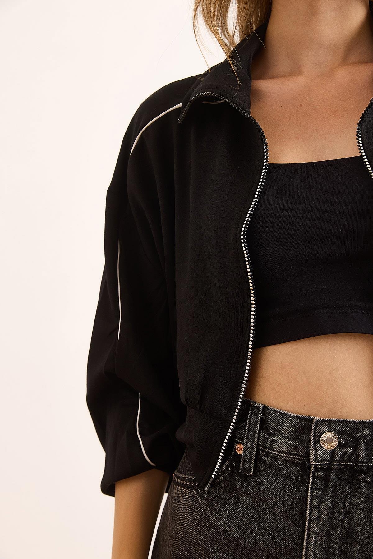 Modal Biye Detaylı Dökümlü Fermuarlı Sweatshirt Siyah