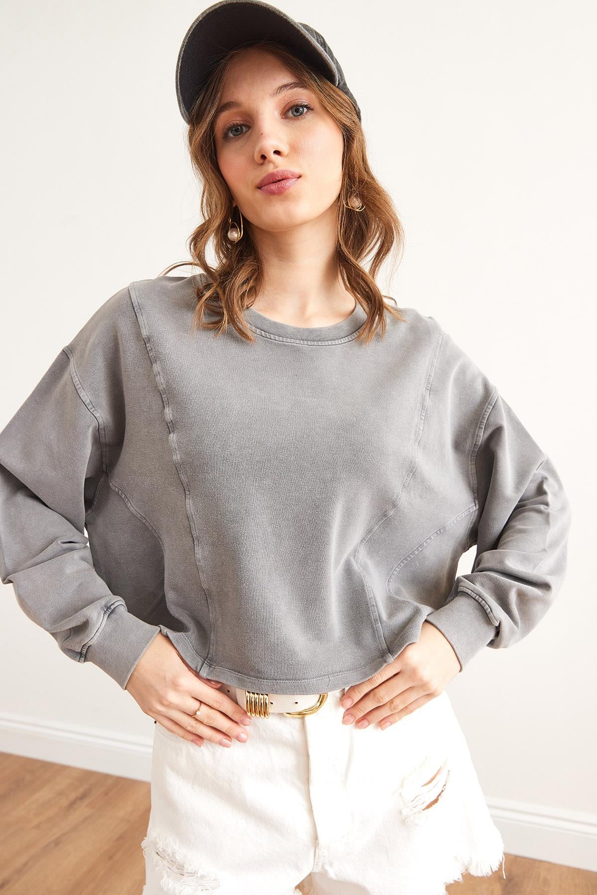 Modal İçerikli Yıkamalı Sweatshirt Gri