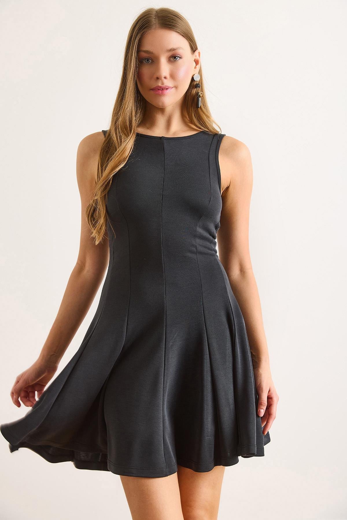 Modal Parçalı Kolsuz Çan Mini Elbise Antrasit
