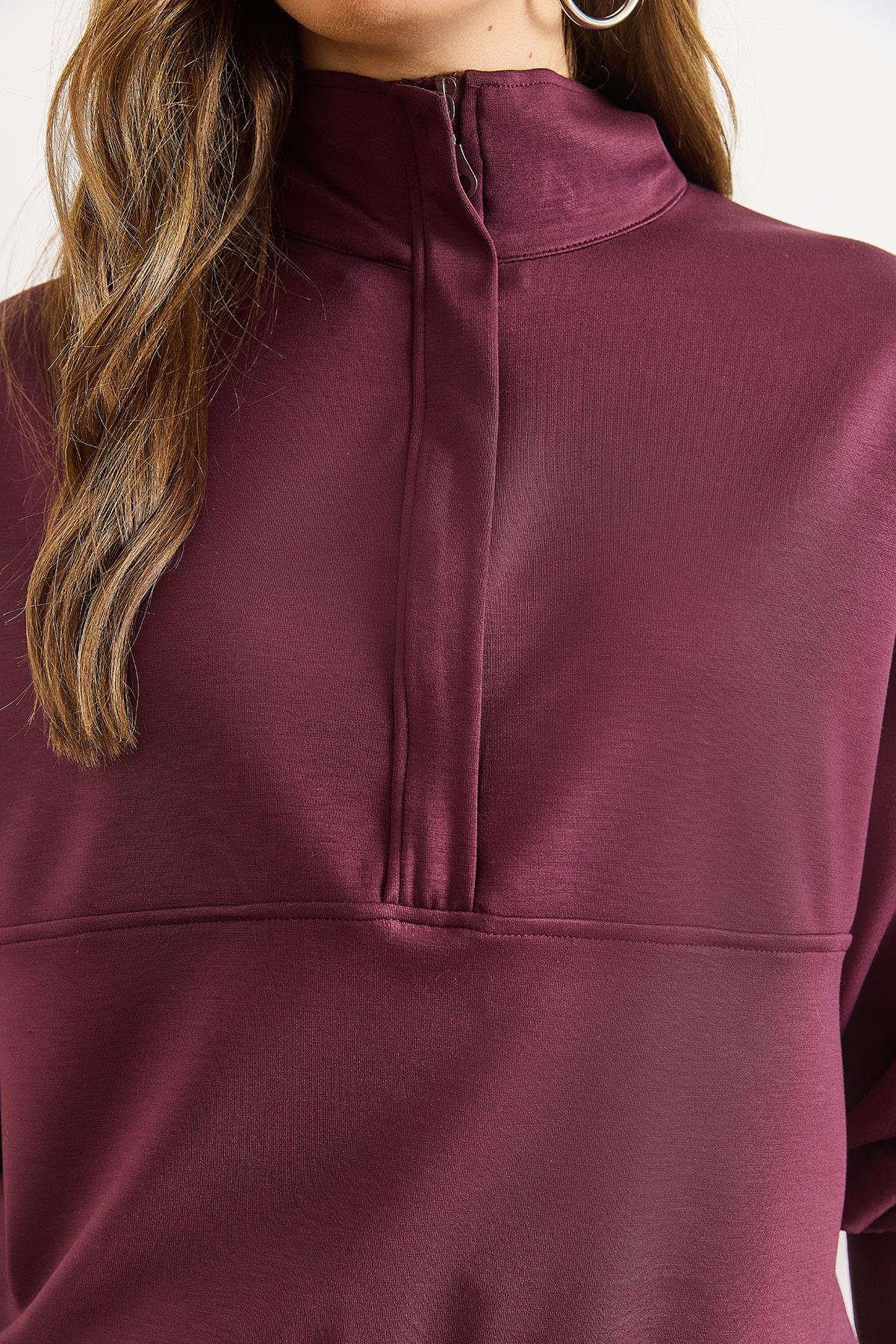Modal Tuşeli Fermuarlı Dökümlü Sweatshirt Mürdüm