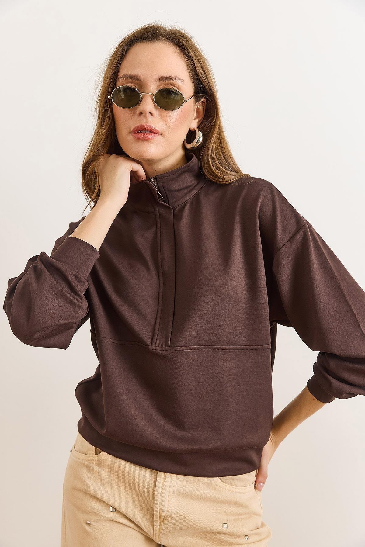 Modal Tuşeli Fermuarlı Dökümlü Sweatshirt Kahverengi