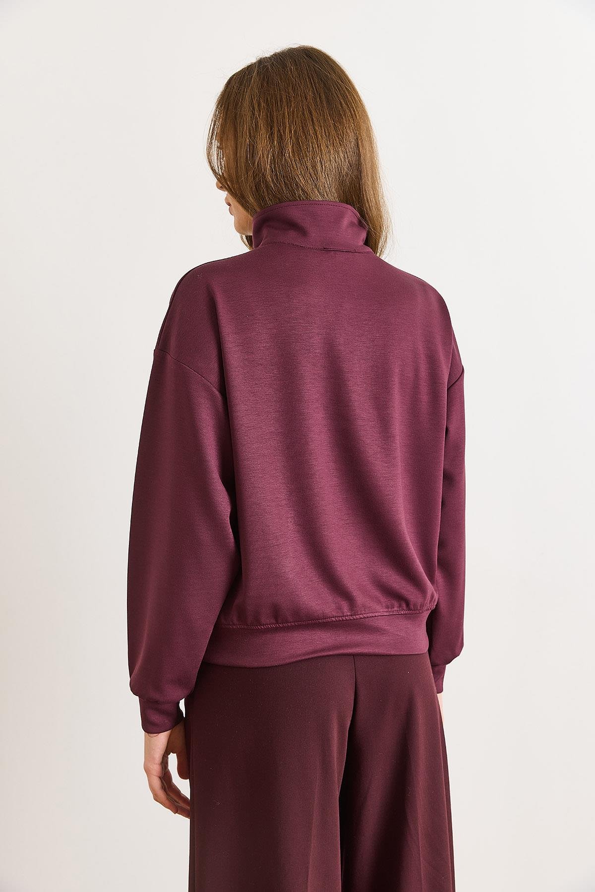 Modal Tuşeli Fermuarlı Dökümlü Sweatshirt Mürdüm