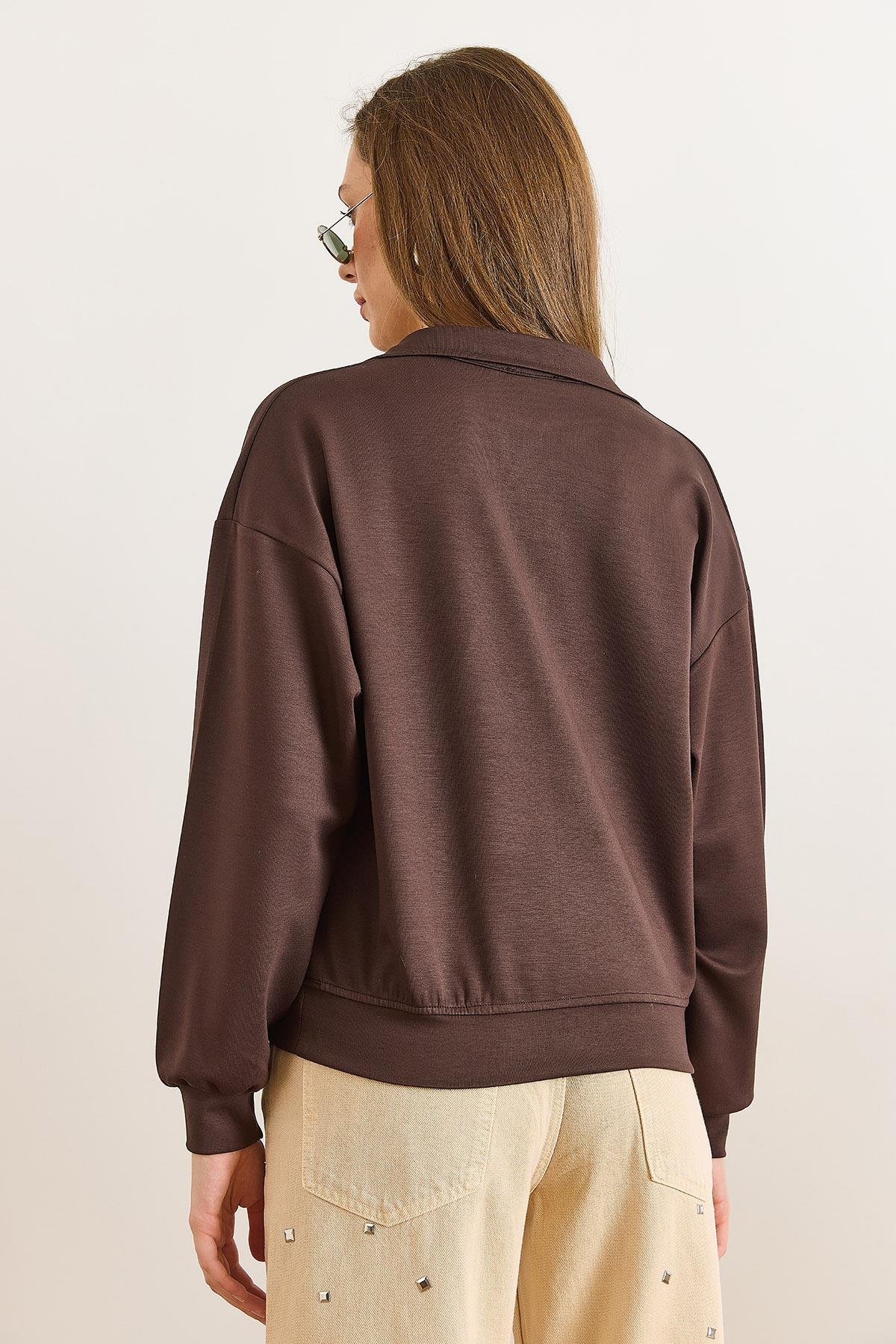 Modal Tuşeli Fermuarlı Dökümlü Sweatshirt Kahverengi