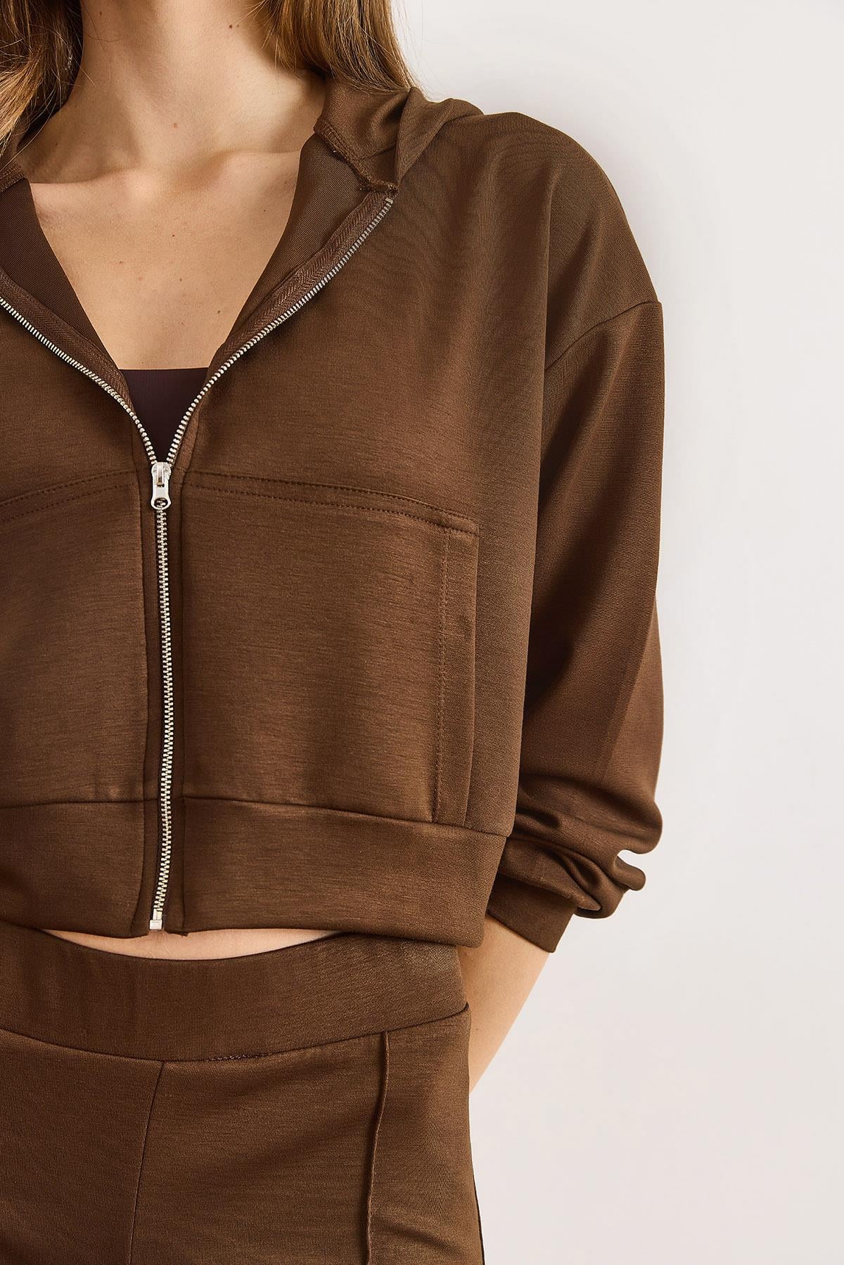 Modal Tuşeli Kapüşonlu Fermuarlı Dökümlü Sweatshirt Kahverengi