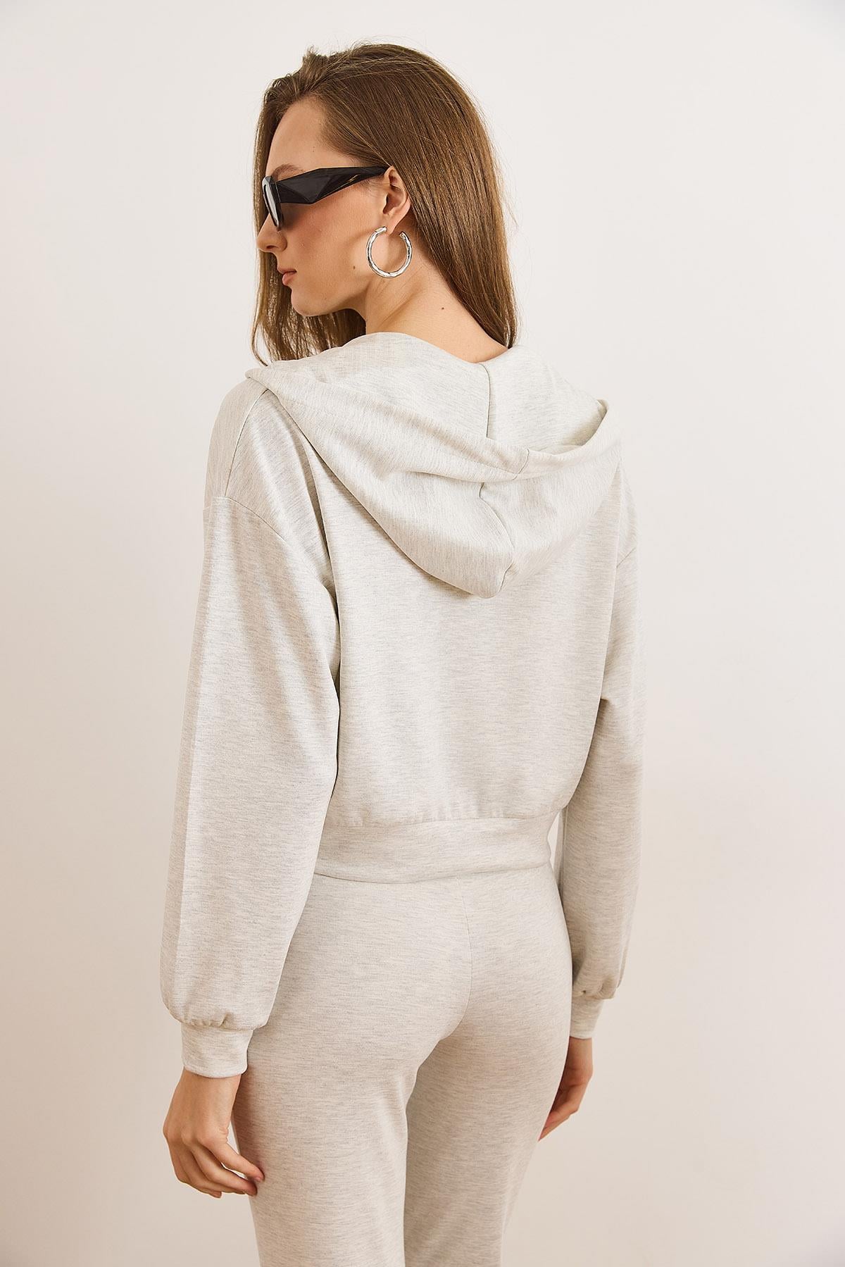 Modal Tuşeli Kapüşonlu Fermuarlı Dökümlü Sweatshirt Kar Melanj