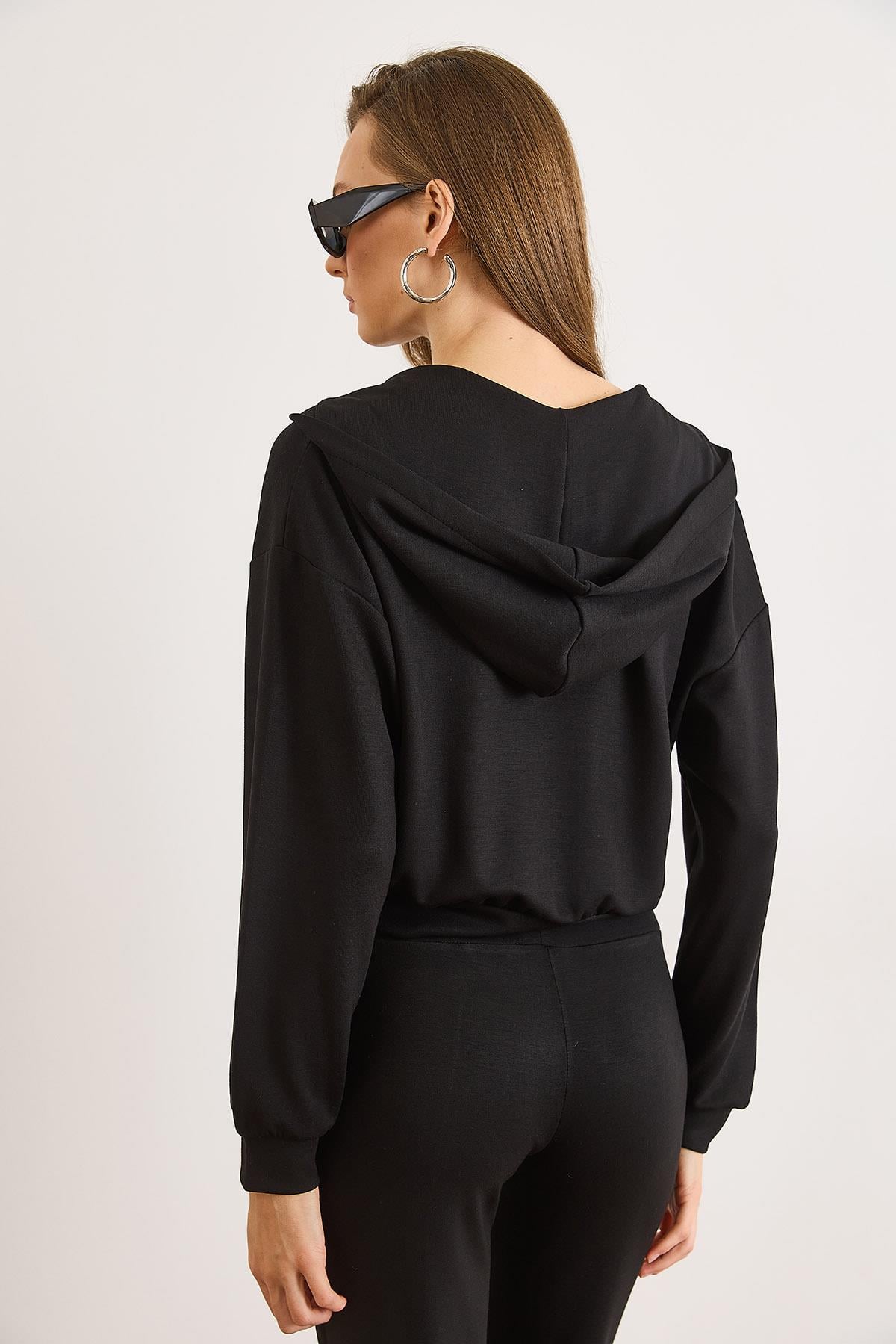 Modal Tuşeli Kapüşonlu Fermuarlı Dökümlü Sweatshirt Siyah