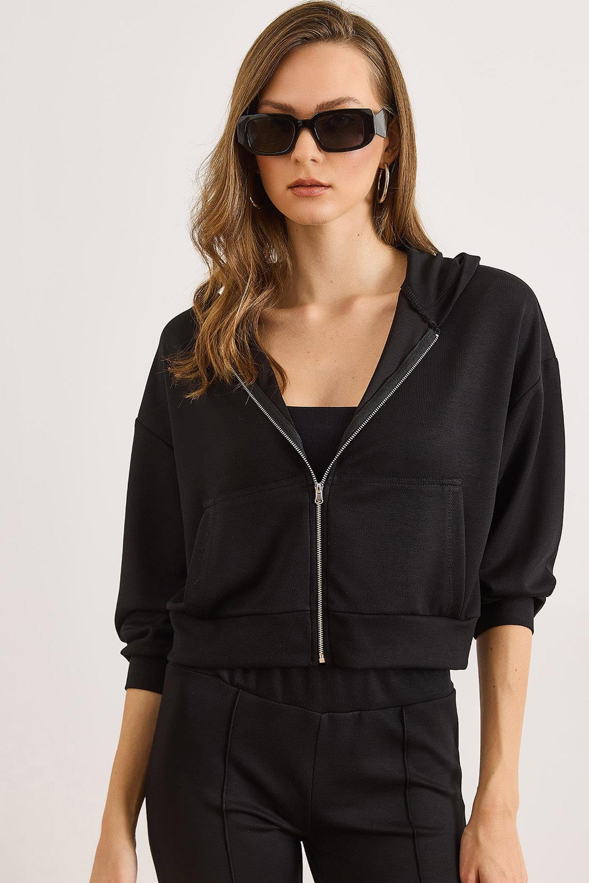 Modal Tuşeli Kapüşonlu Fermuarlı Dökümlü Sweatshirt Siyah