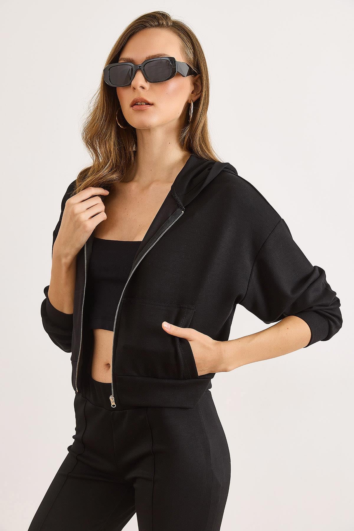 Modal Tuşeli Kapüşonlu Fermuarlı Dökümlü Sweatshirt Siyah