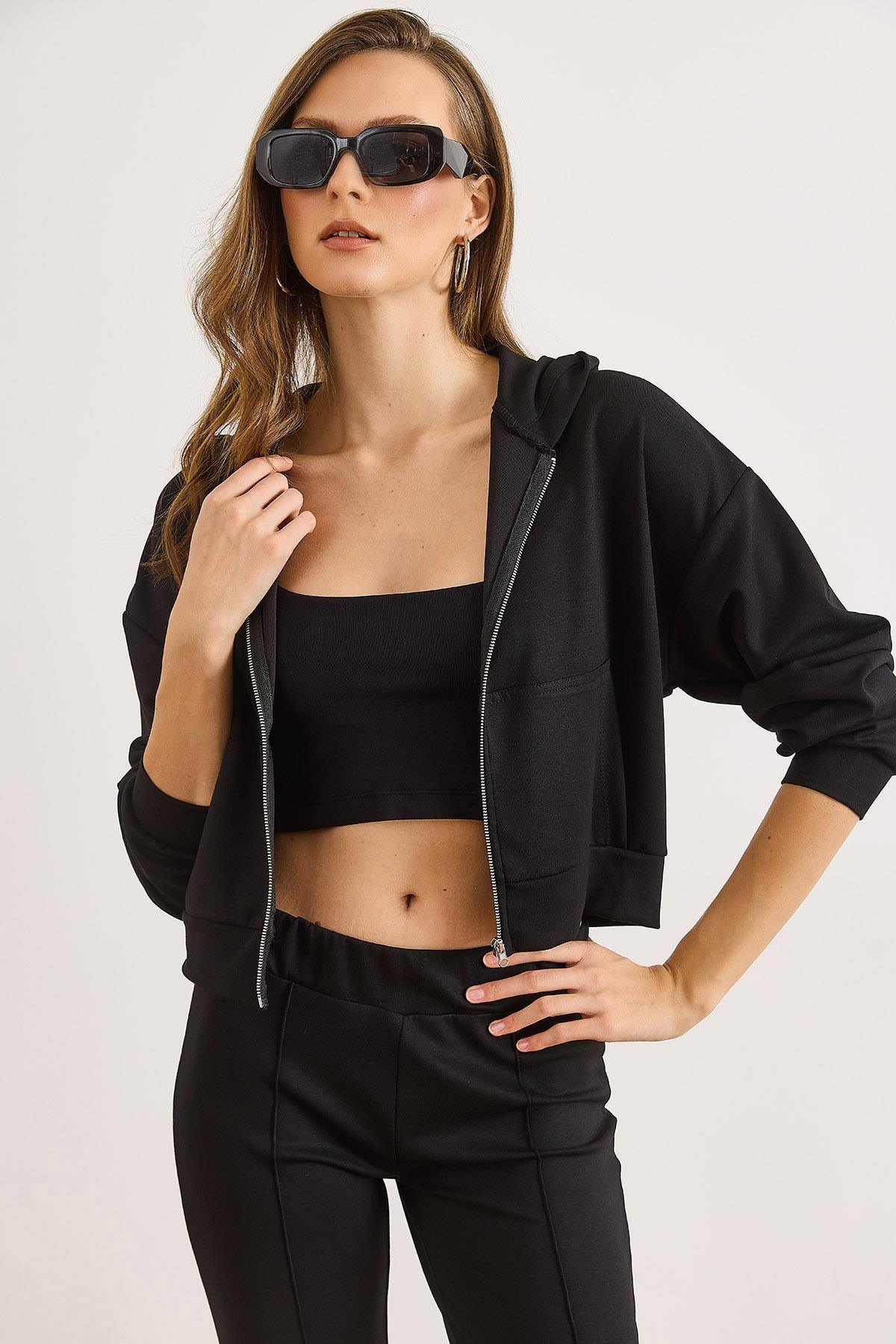 Modal Tuşeli Kapüşonlu Fermuarlı Dökümlü Sweatshirt Siyah