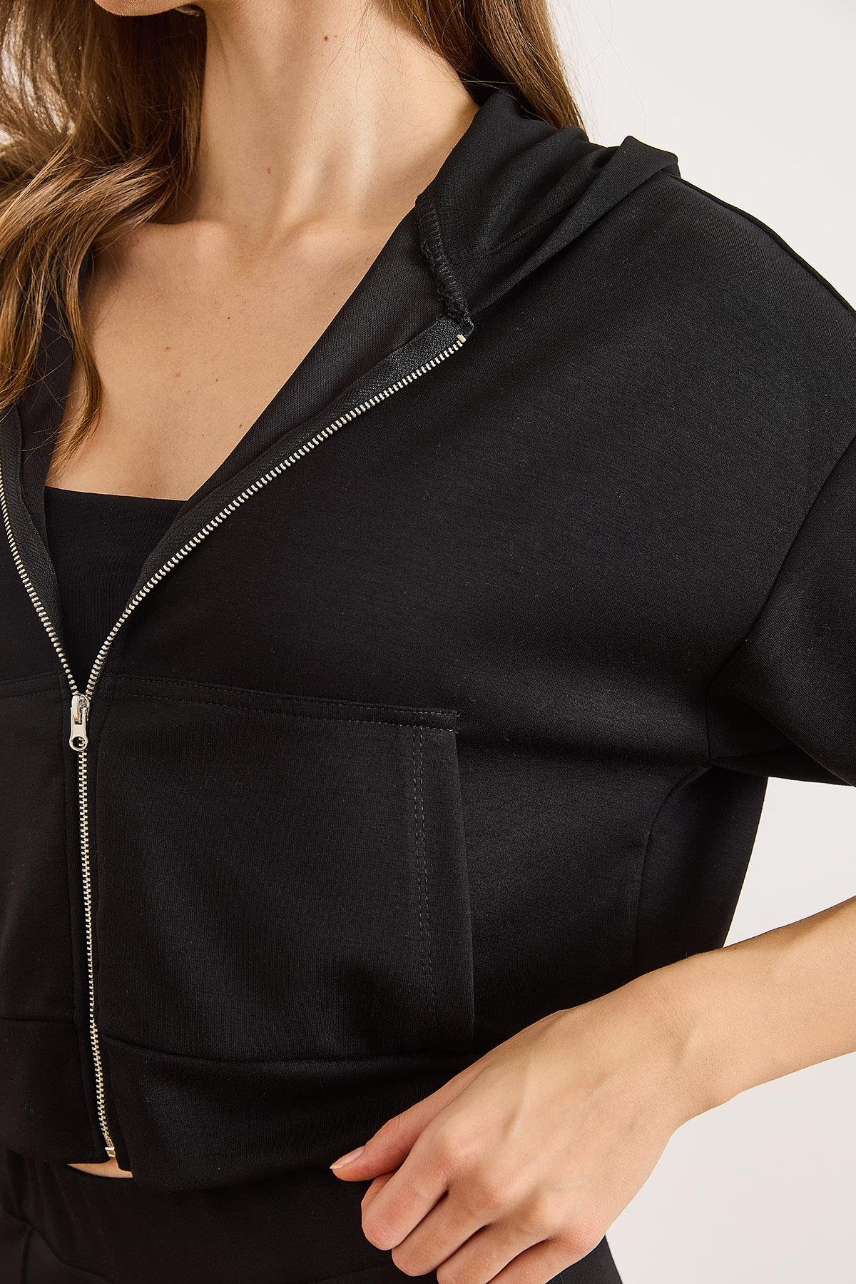 Modal Tuşeli Kapüşonlu Fermuarlı Dökümlü Sweatshirt Siyah