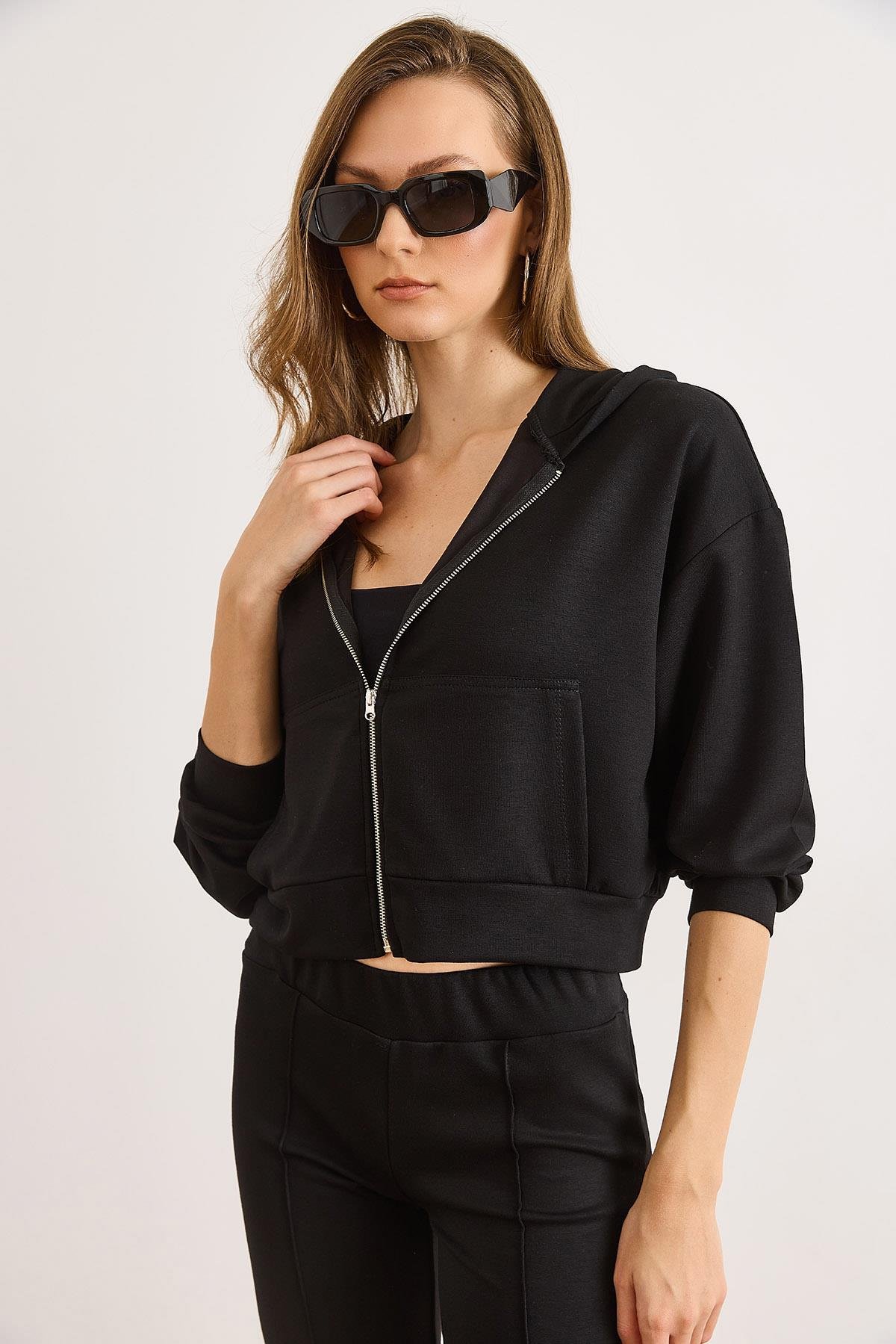 Modal Tuşeli Kapüşonlu Fermuarlı Dökümlü Sweatshirt Siyah