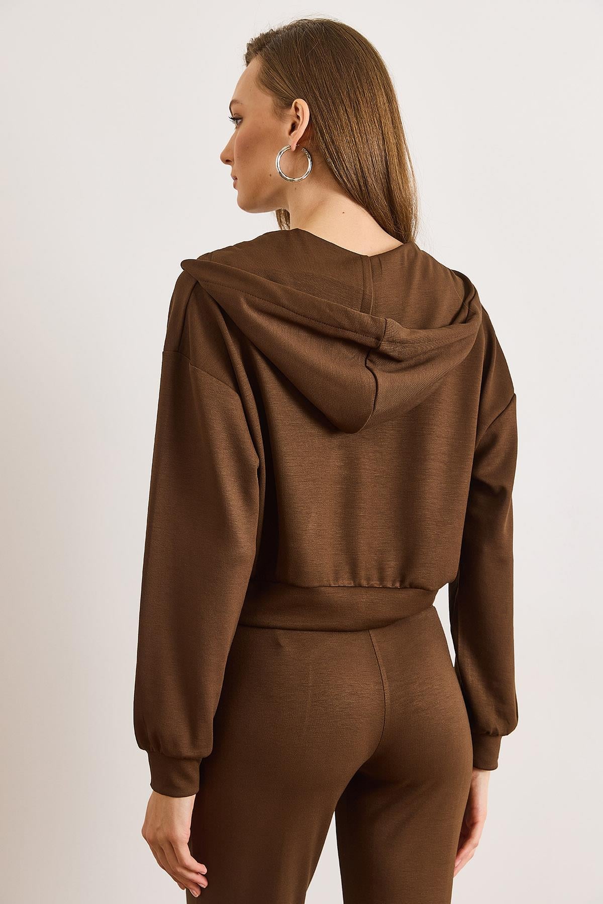 Modal Tuşeli Kapüşonlu Fermuarlı Dökümlü Sweatshirt Kahverengi
