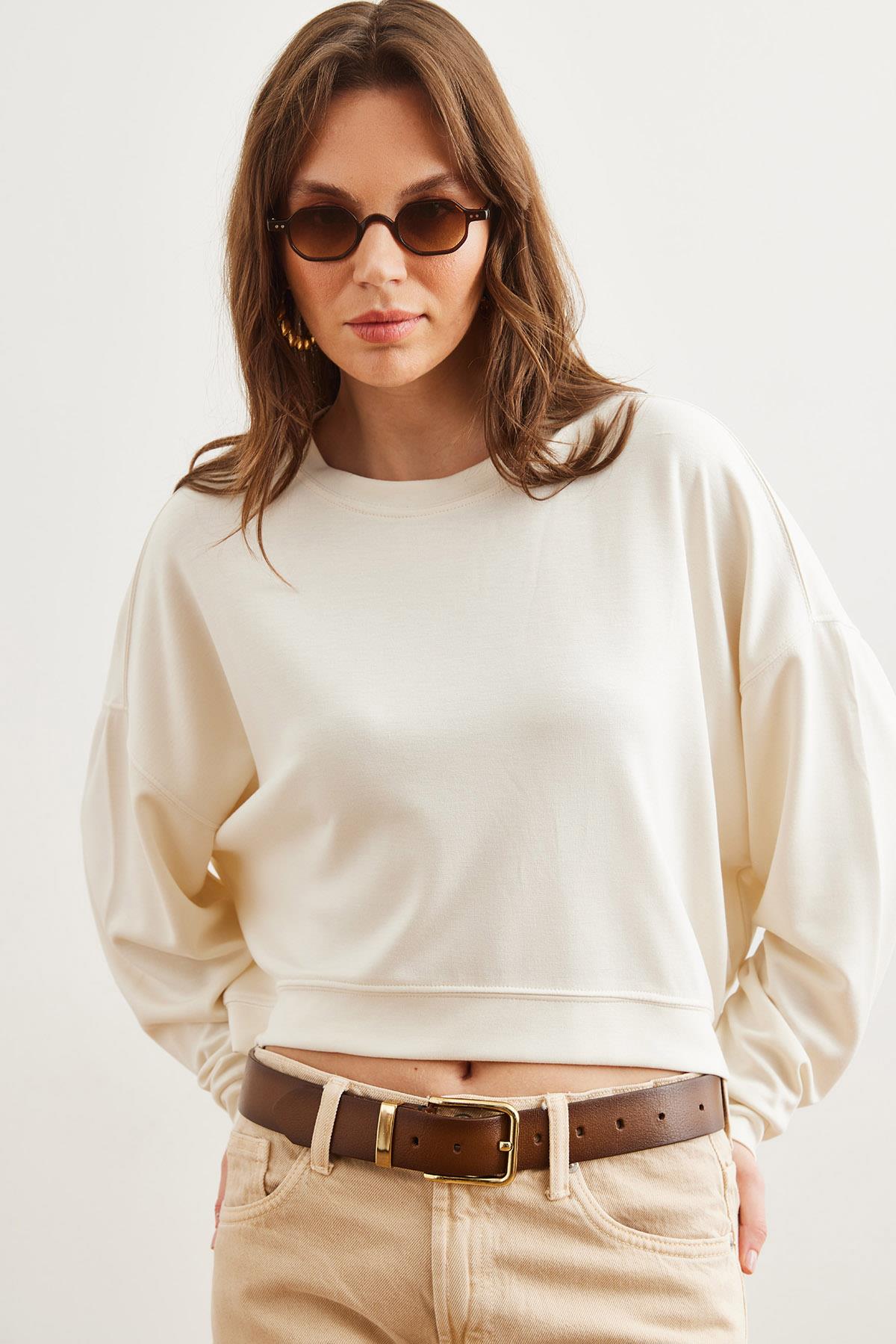 Modal Tuşeli Premium Oversize Dökümlü Sweatshirt Ekru