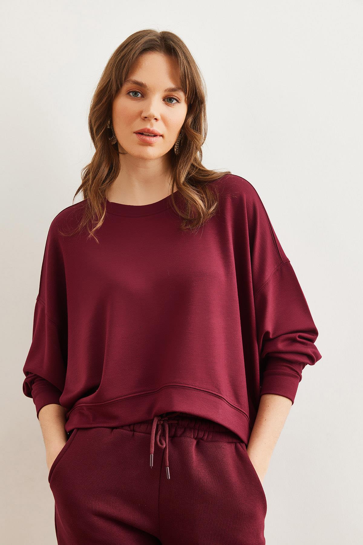 Modal Tuşeli Premium Oversize Dökümlü Sweatshirt Bordo