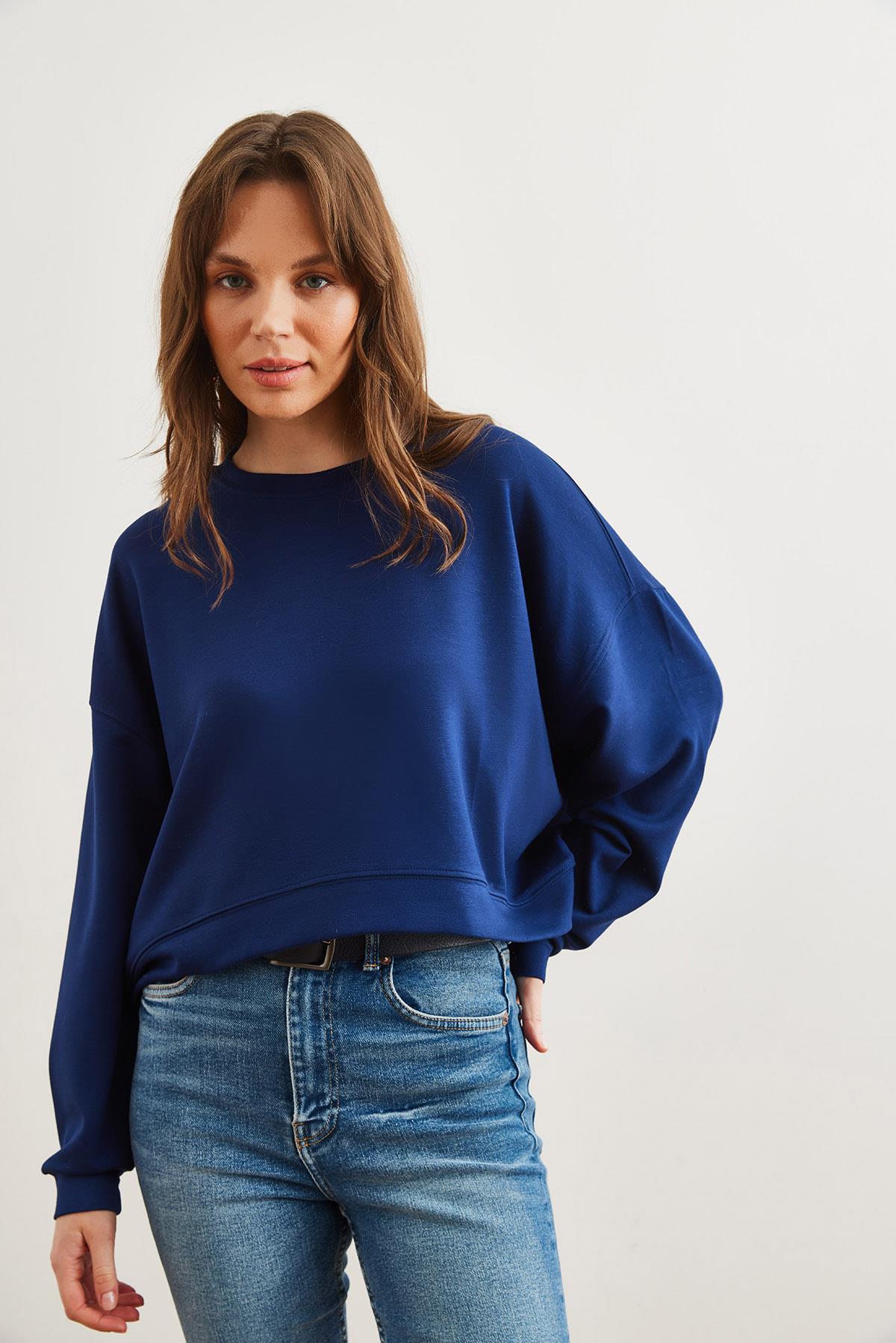 Modal Tuşeli Premium Oversize Dökümlü Sweatshirt Lacivert