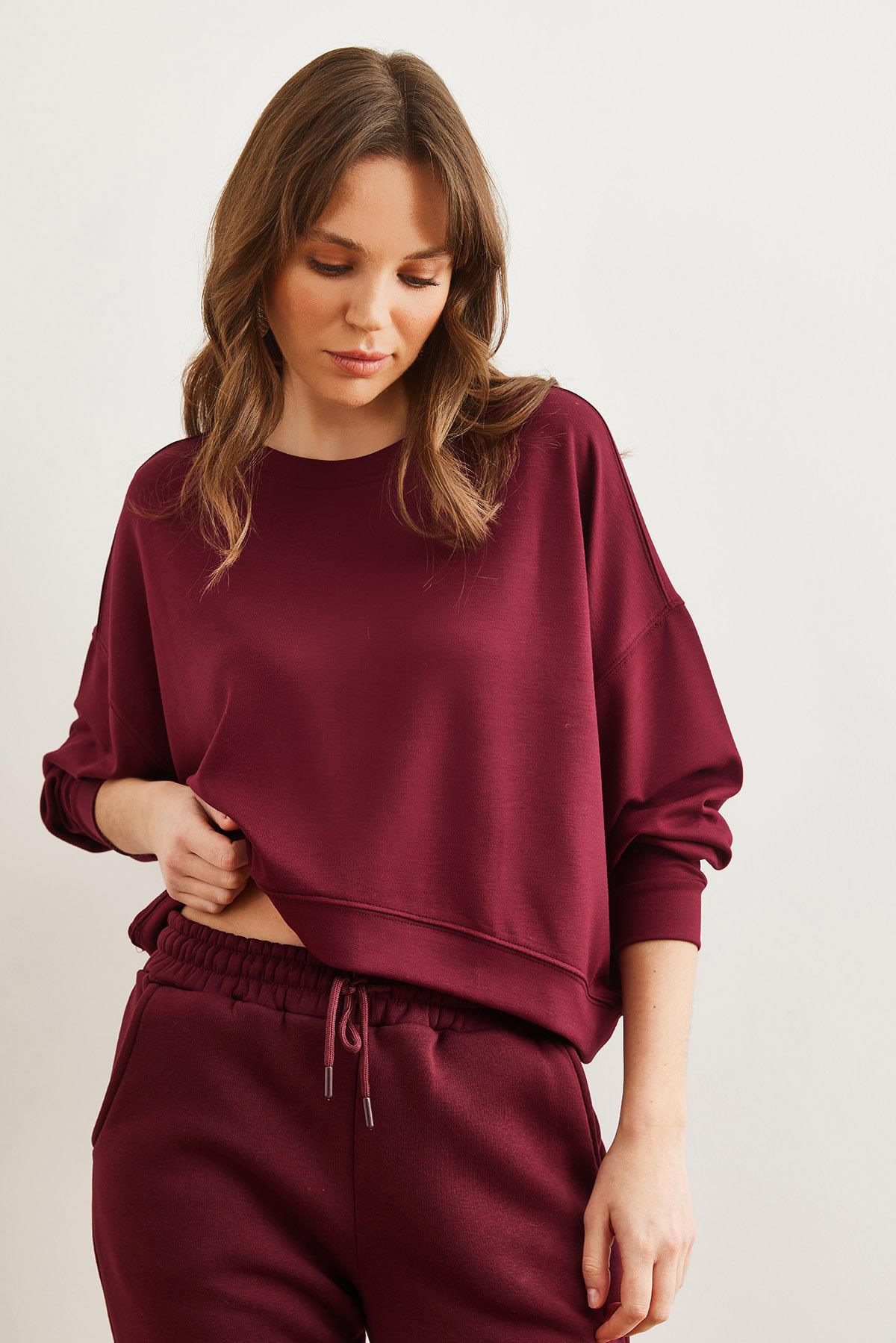 Modal Tuşeli Premium Oversize Dökümlü Sweatshirt Bordo