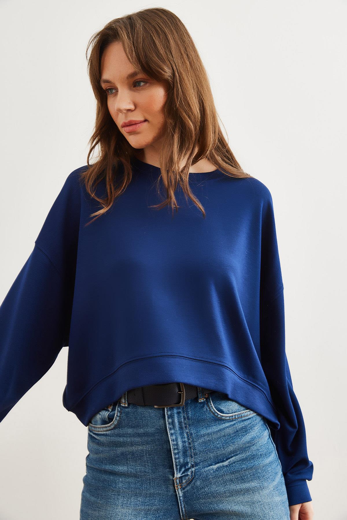 Modal Tuşeli Premium Oversize Dökümlü Sweatshirt Lacivert