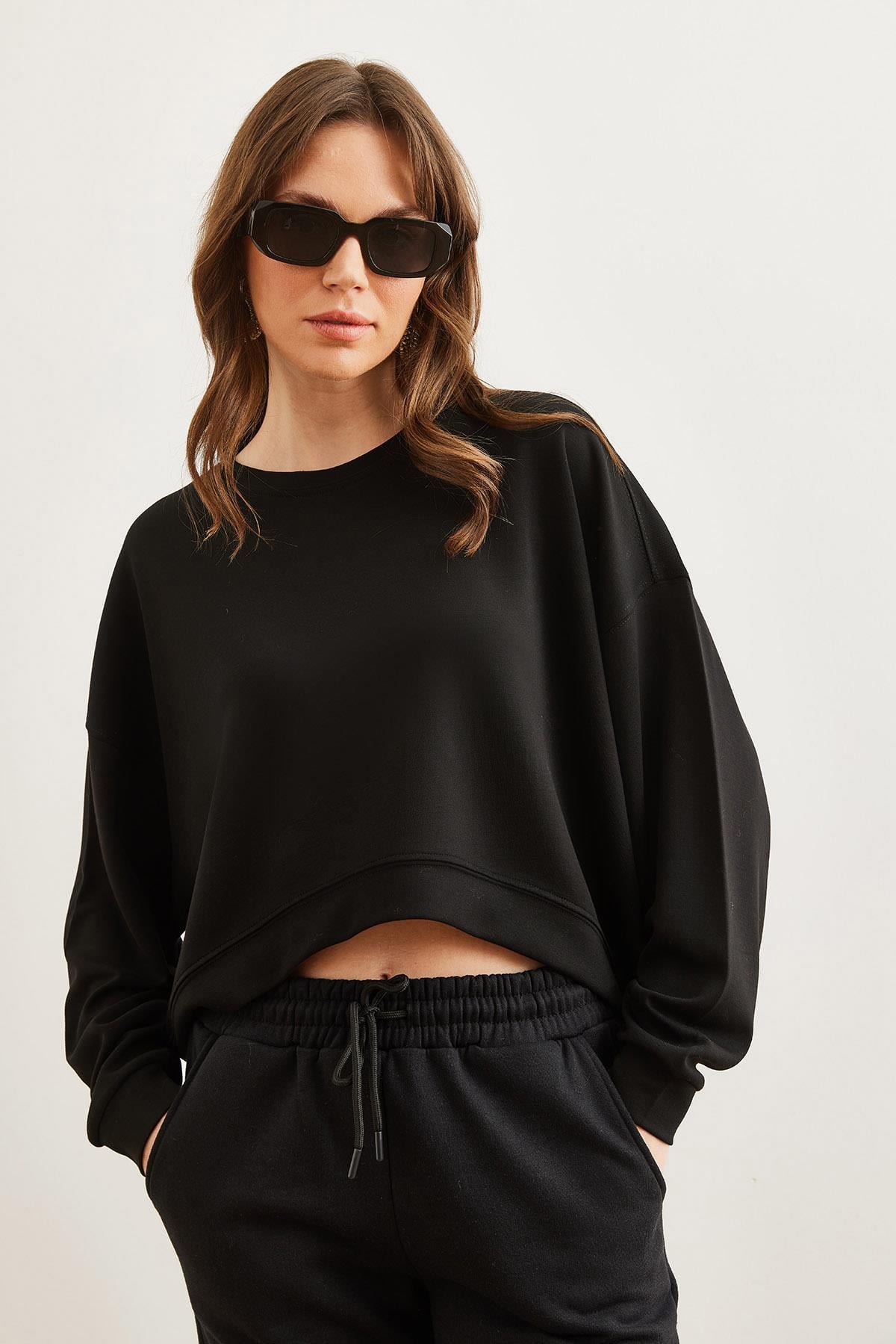 Modal Tuşeli Premium Oversize Dökümlü Sweatshirt Siyah