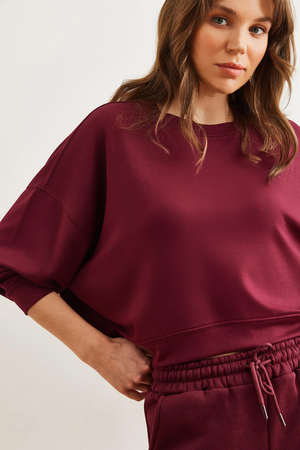 Modal Tuşeli Premium Oversize Dökümlü Sweatshirt Bordo