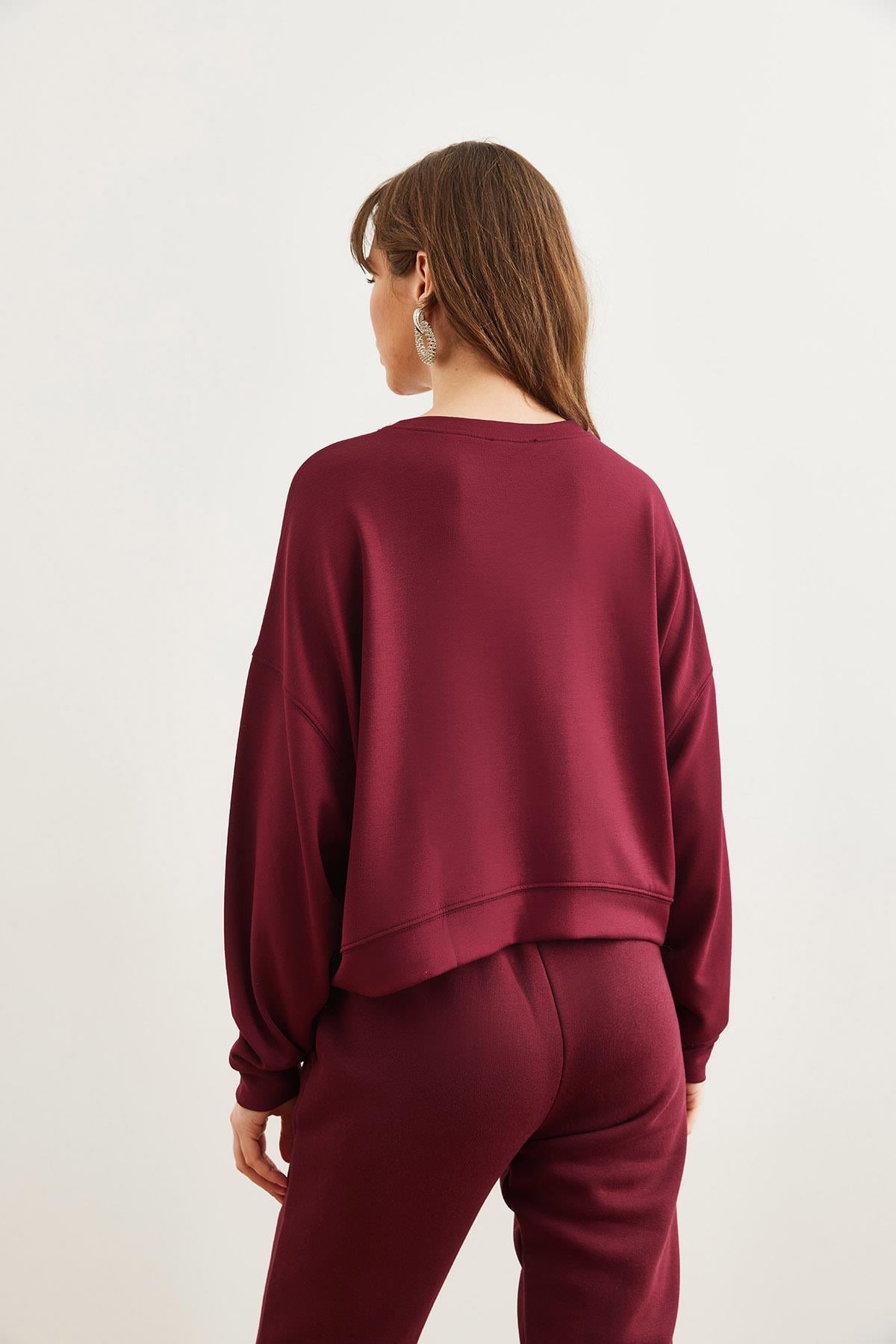 Modal Tuşeli Premium Oversize Dökümlü Sweatshirt Bordo