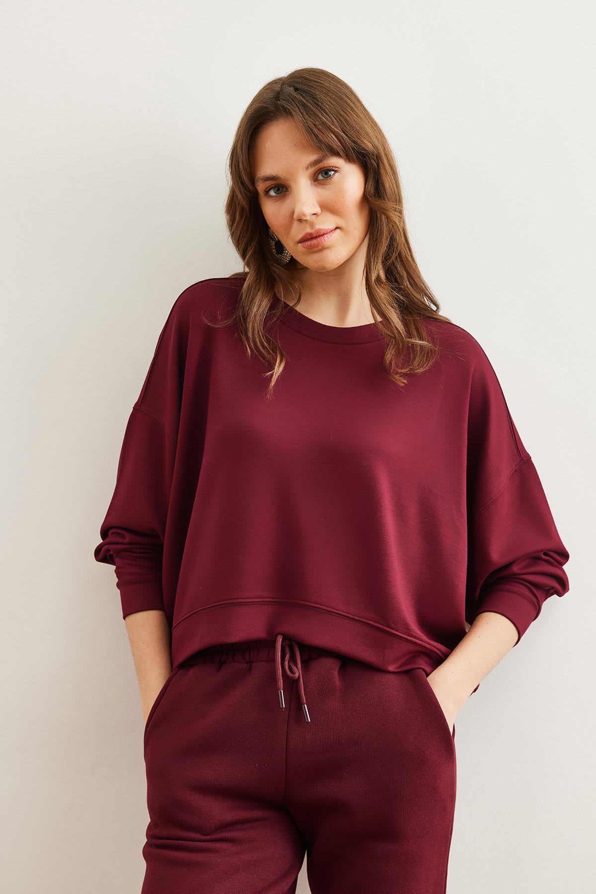 Modal Tuşeli Premium Oversize Dökümlü Sweatshirt Bordo