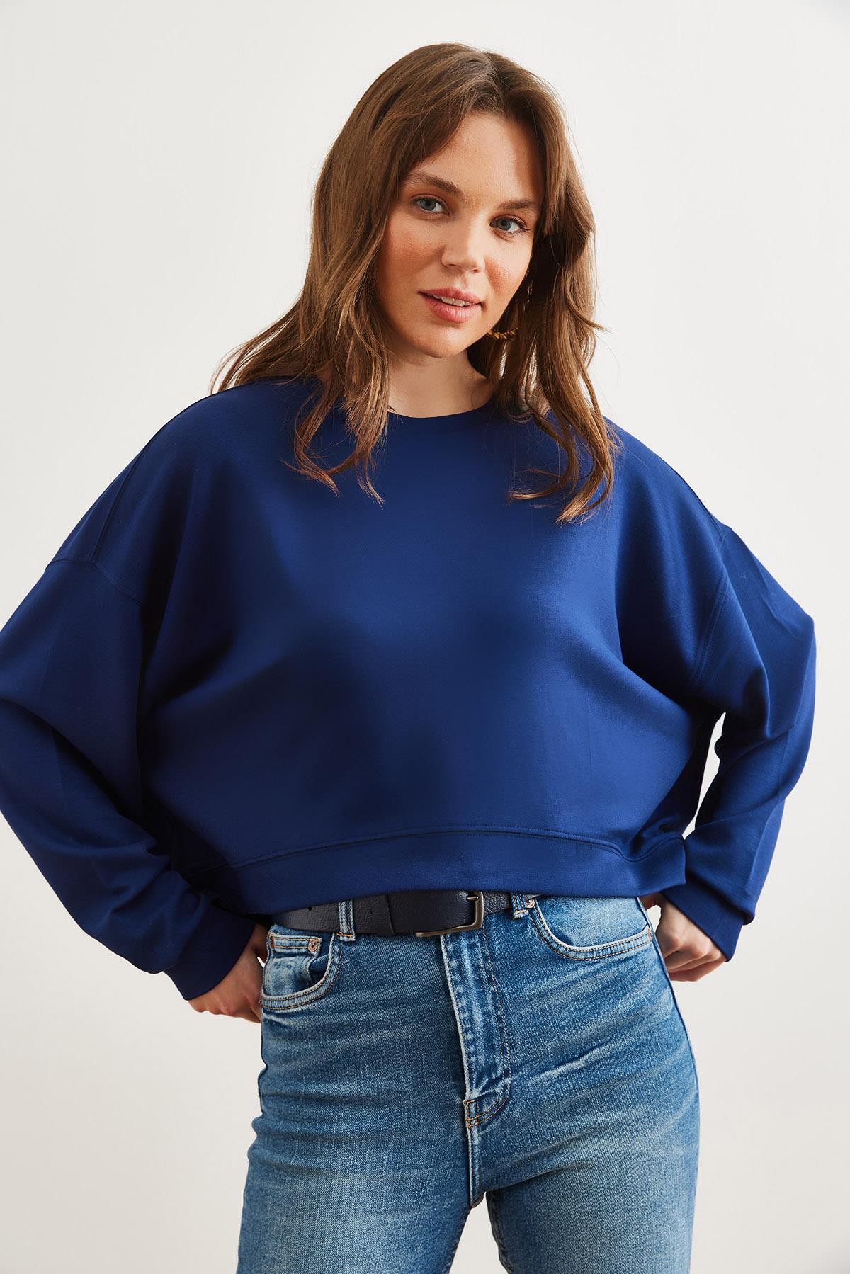 Modal Tuşeli Premium Oversize Dökümlü Sweatshirt Lacivert