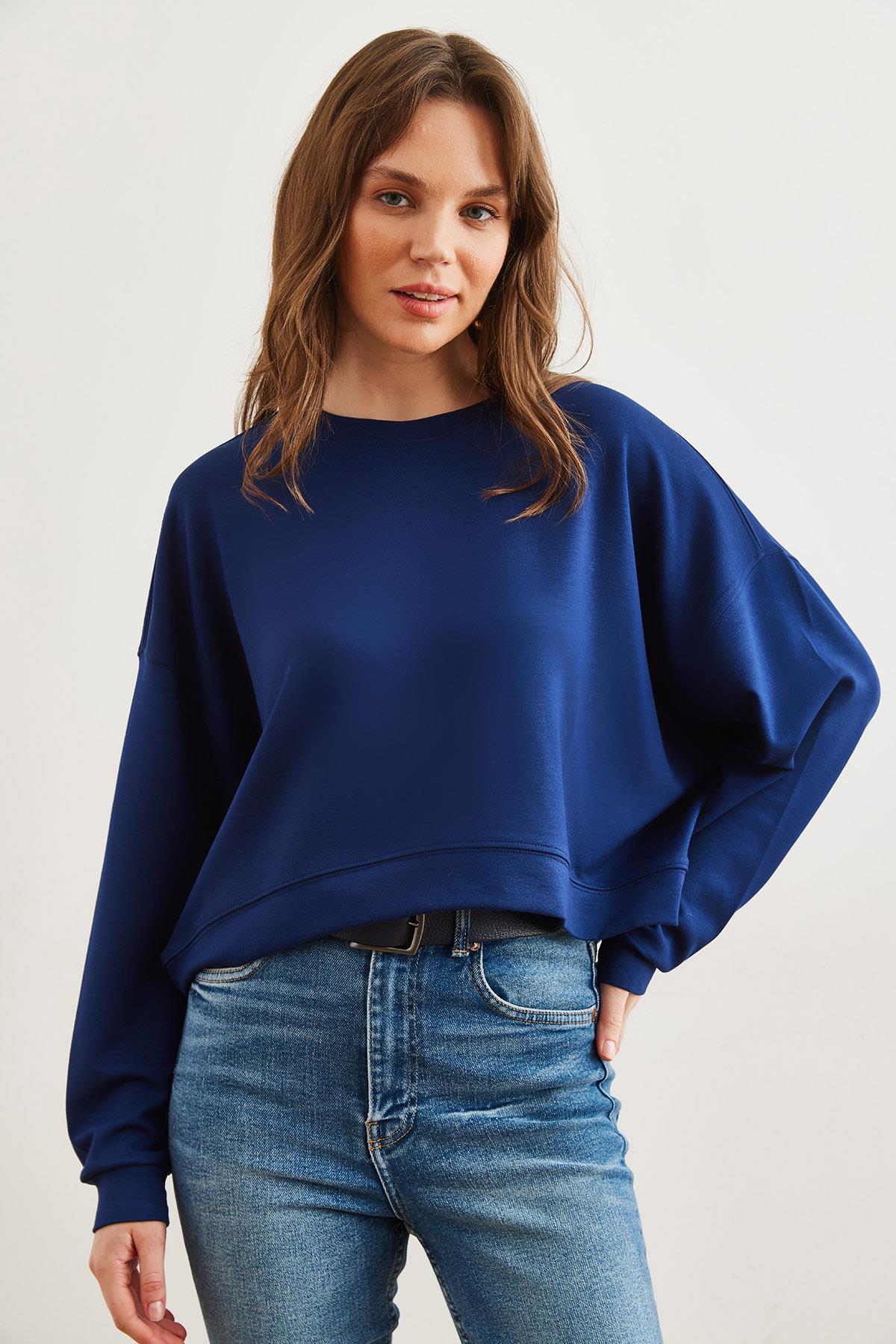 Modal Tuşeli Premium Oversize Dökümlü Sweatshirt Lacivert