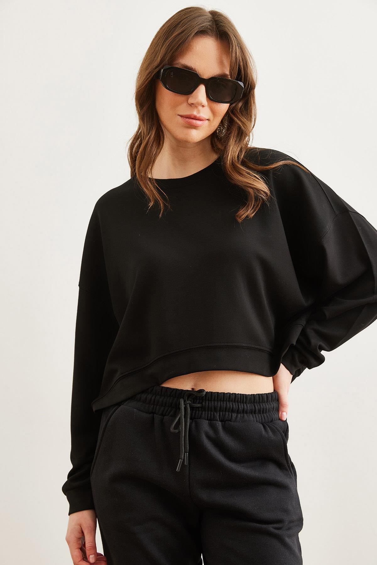 Modal Tuşeli Premium Oversize Dökümlü Sweatshirt Siyah