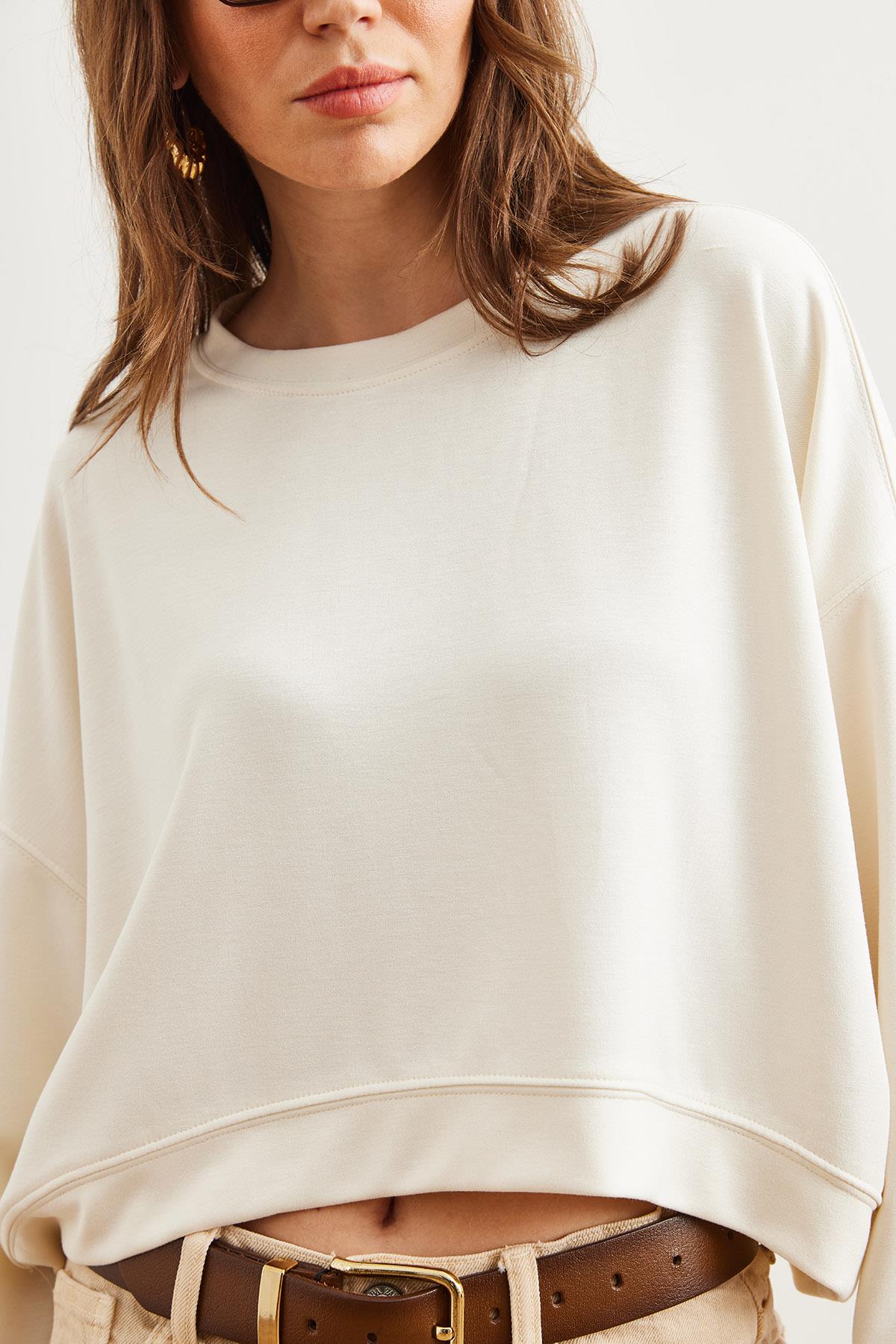 Modal Tuşeli Premium Oversize Dökümlü Sweatshirt Ekru