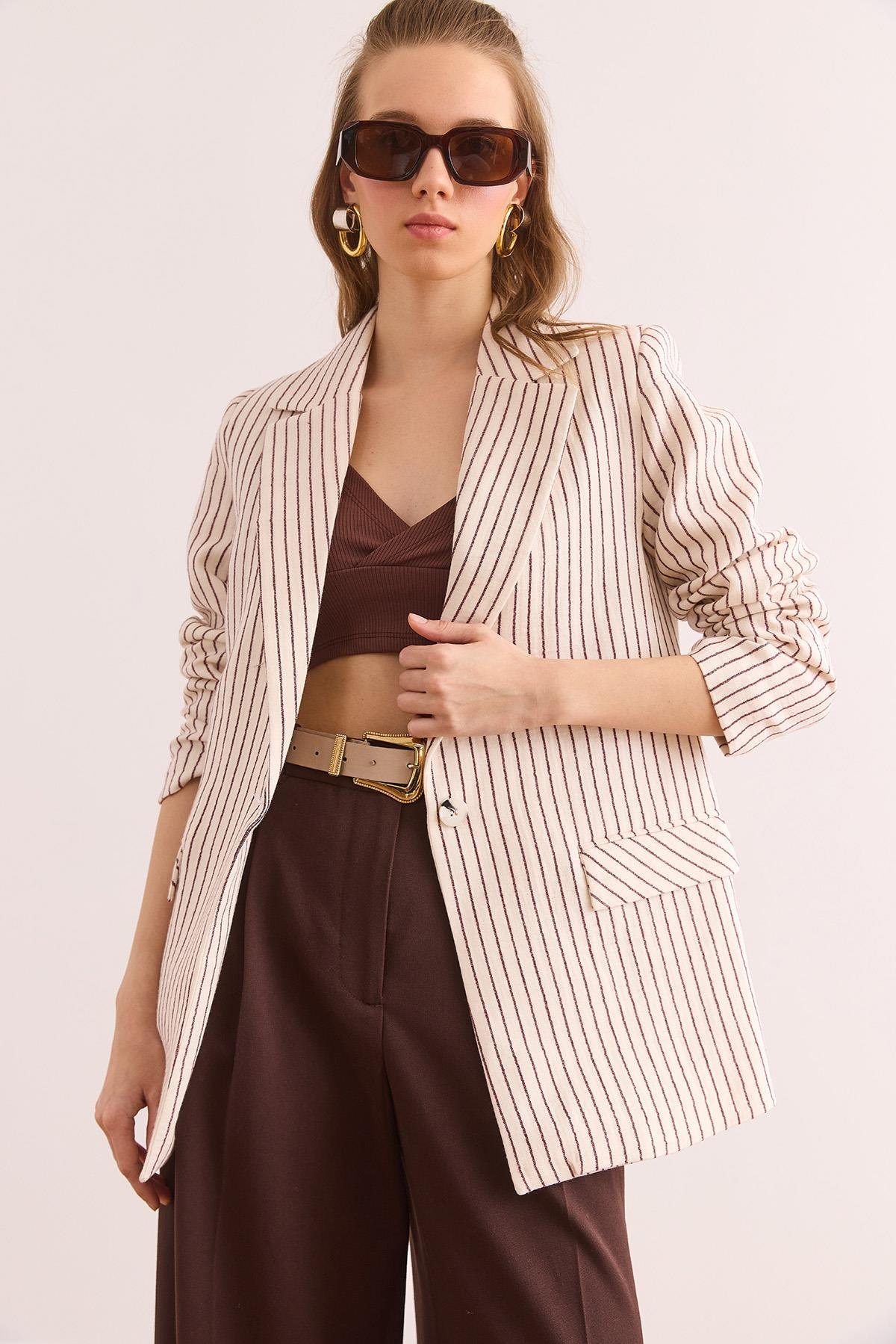 Müslin Çizgili Astarlı Blazer Ceket Bordo
