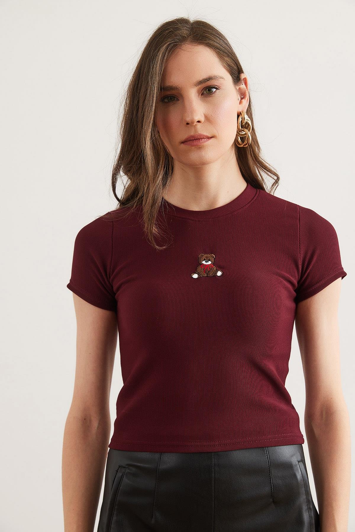 Nakışlı Fitilli Crop Esnek Bluz Bordo