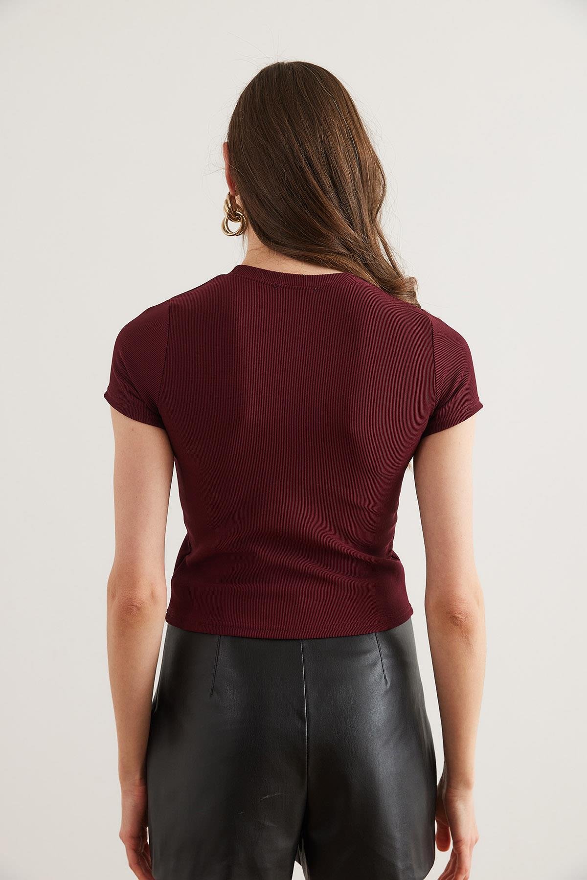 Nakışlı Fitilli Crop Esnek Bluz Bordo