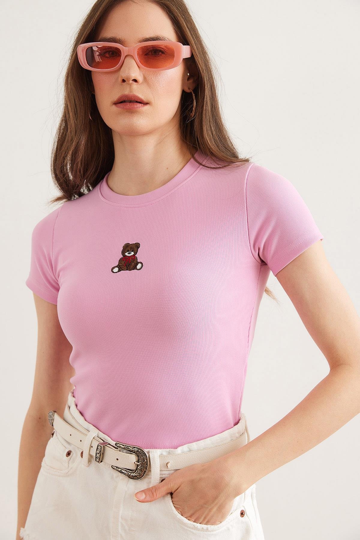 Nakışlı Fitilli Crop Esnek Bluz Şeker Pembe