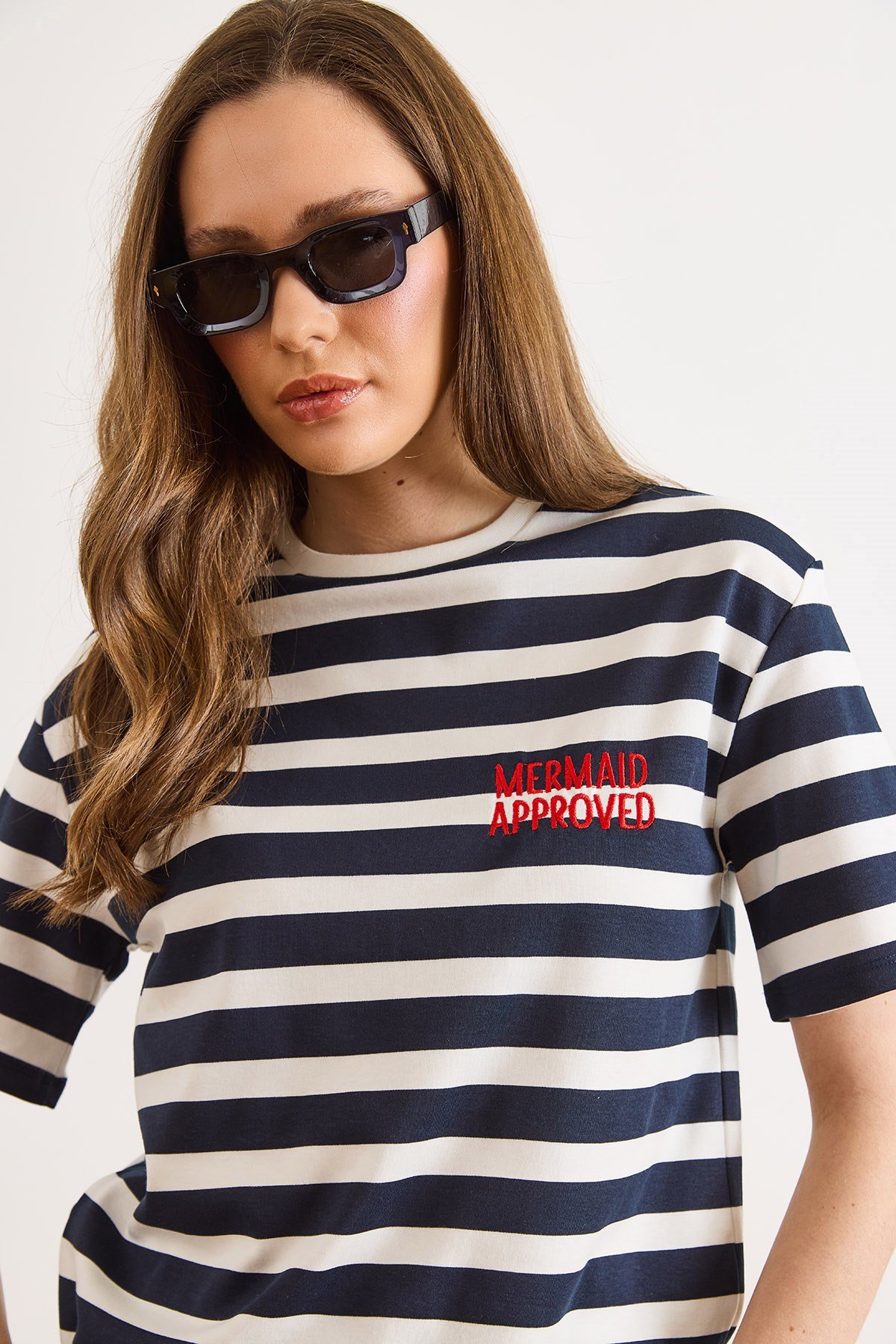 Nakışlı Kalın Çizgili Loose Fit Tişört Lacivert