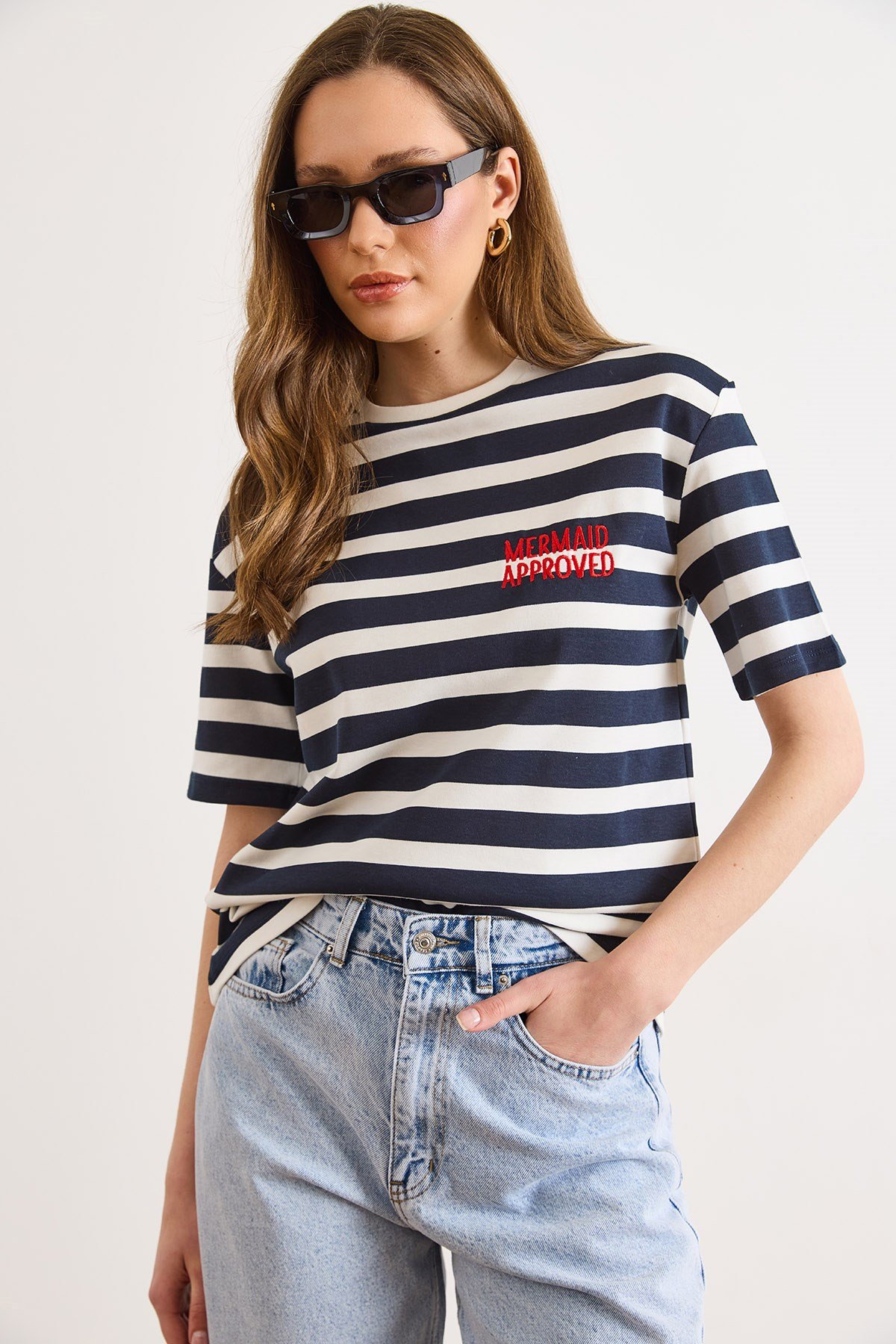 Nakışlı Kalın Çizgili Loose Fit Tişört Lacivert