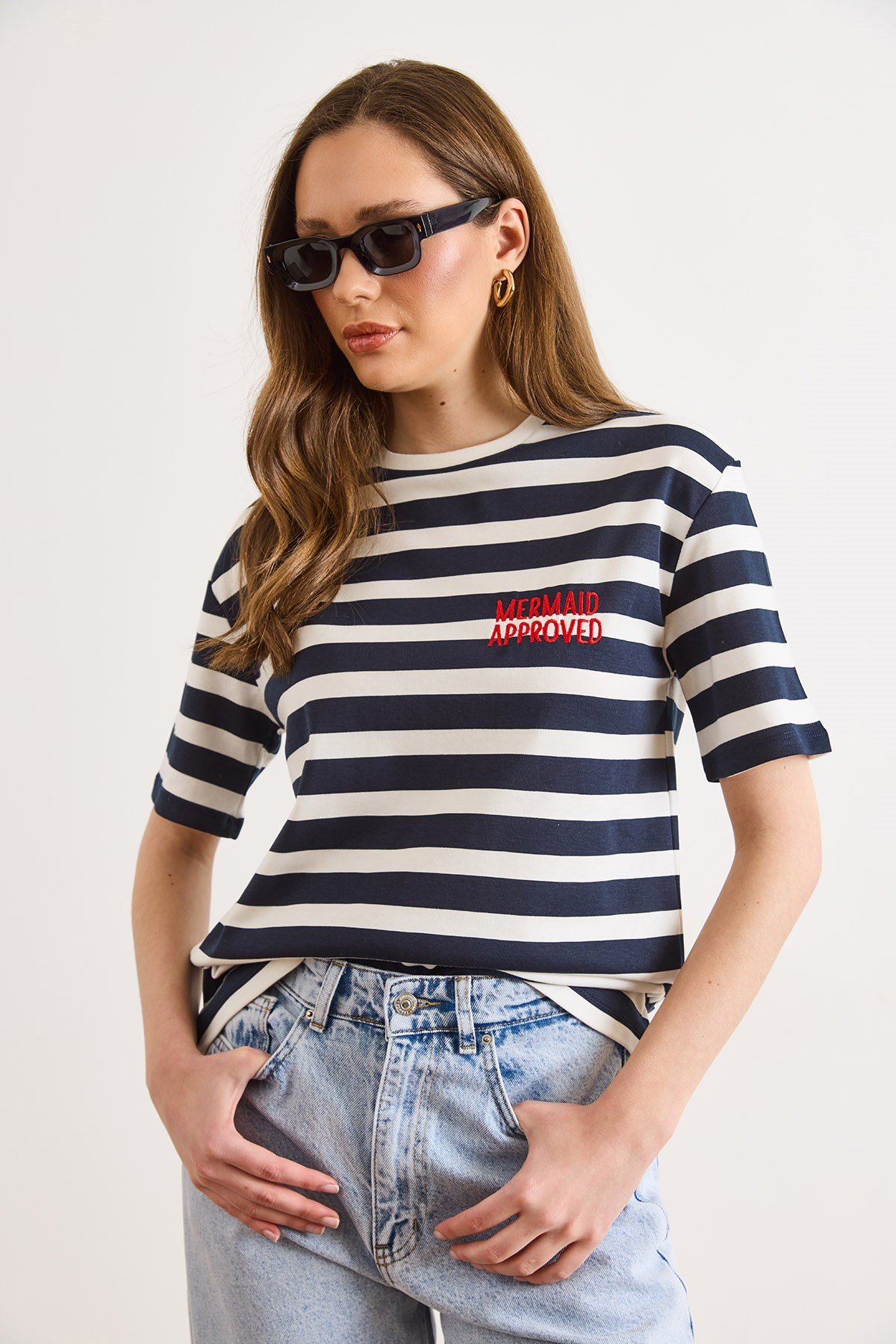 Nakışlı Kalın Çizgili Loose Fit Tişört Lacivert