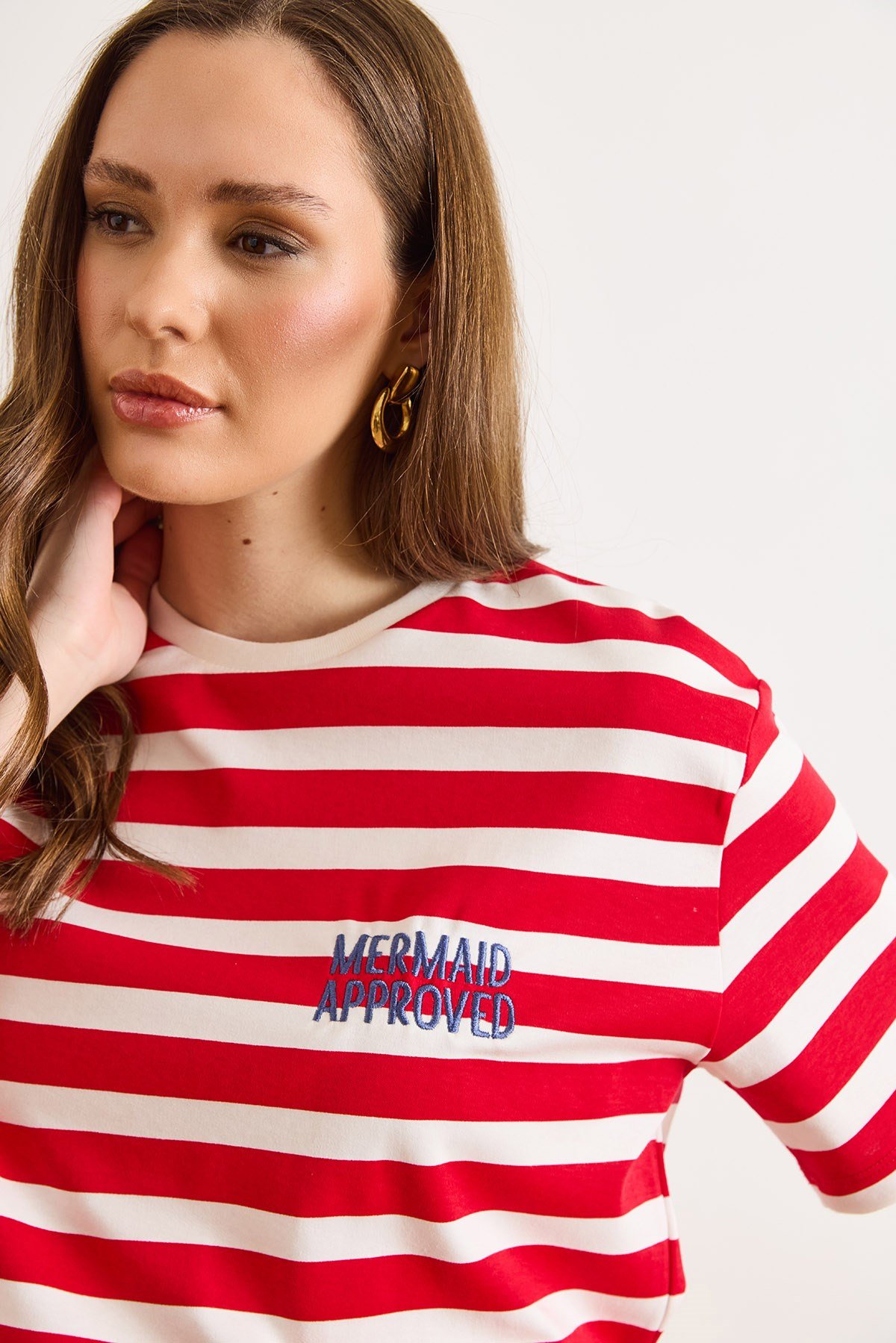 Nakışlı Kalın Çizgili Loose Fit Tişört Kırmızı