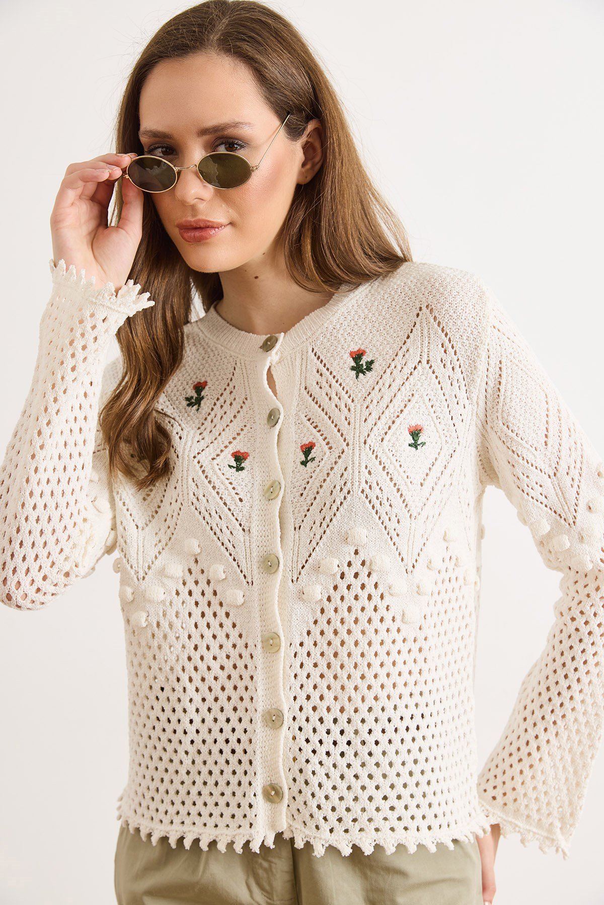 Nakışlı Patch Boho Mevsimlik Hırka Beyaz
