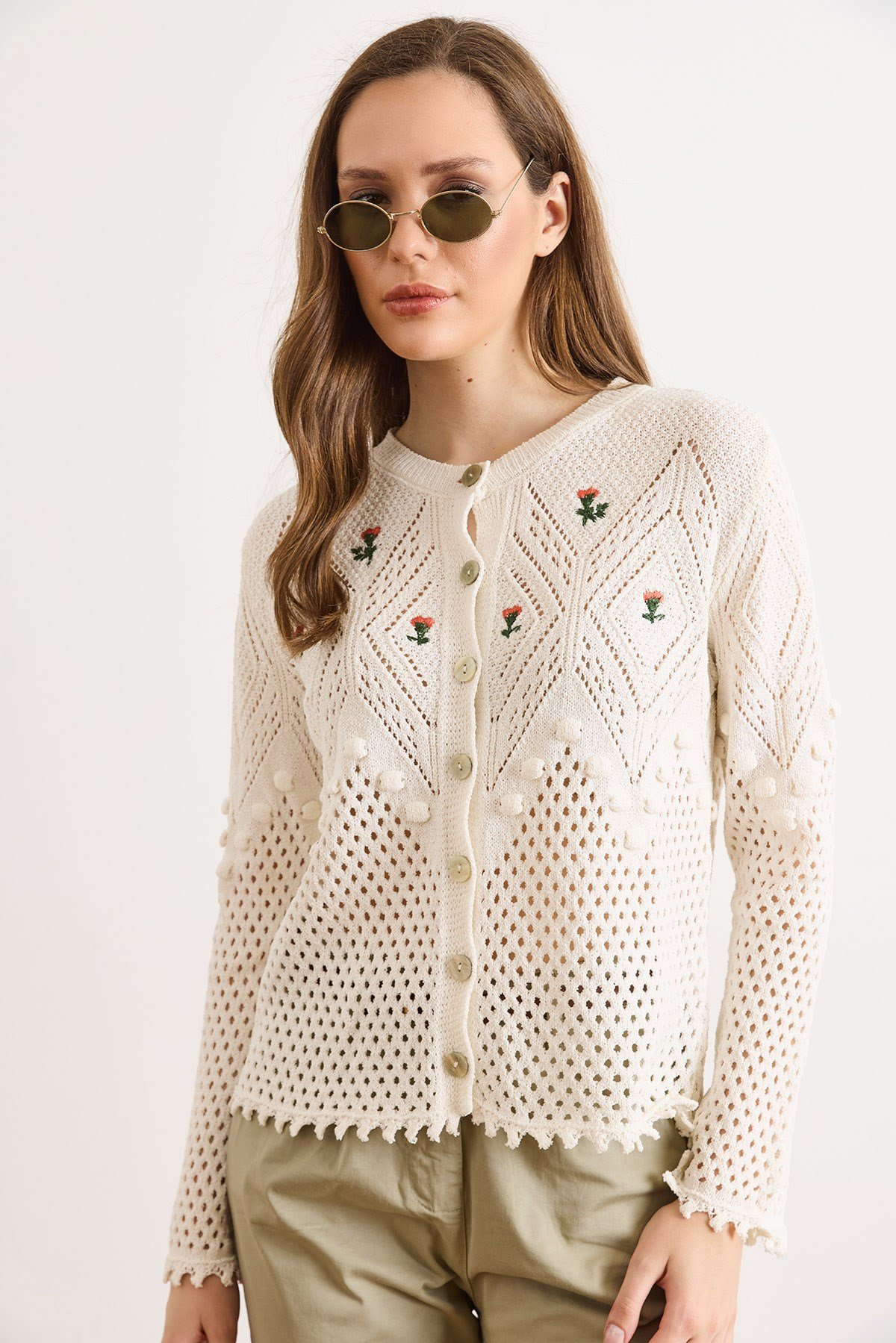 Nakışlı Patch Boho Mevsimlik Hırka Beyaz