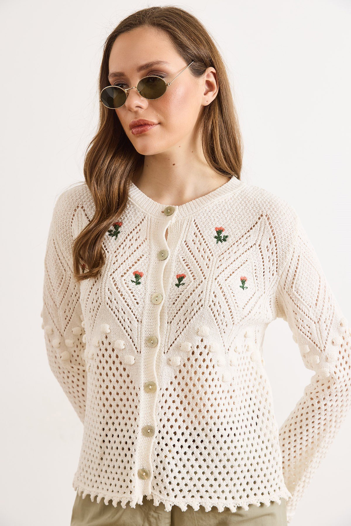 Nakışlı Patch Boho Mevsimlik Hırka Beyaz
