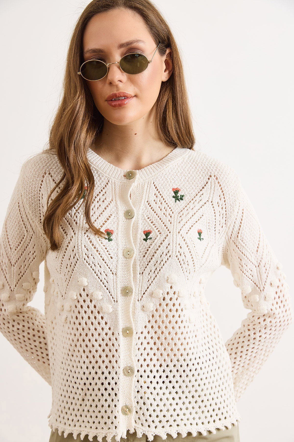 Nakışlı Patch Boho Mevsimlik Hırka Beyaz