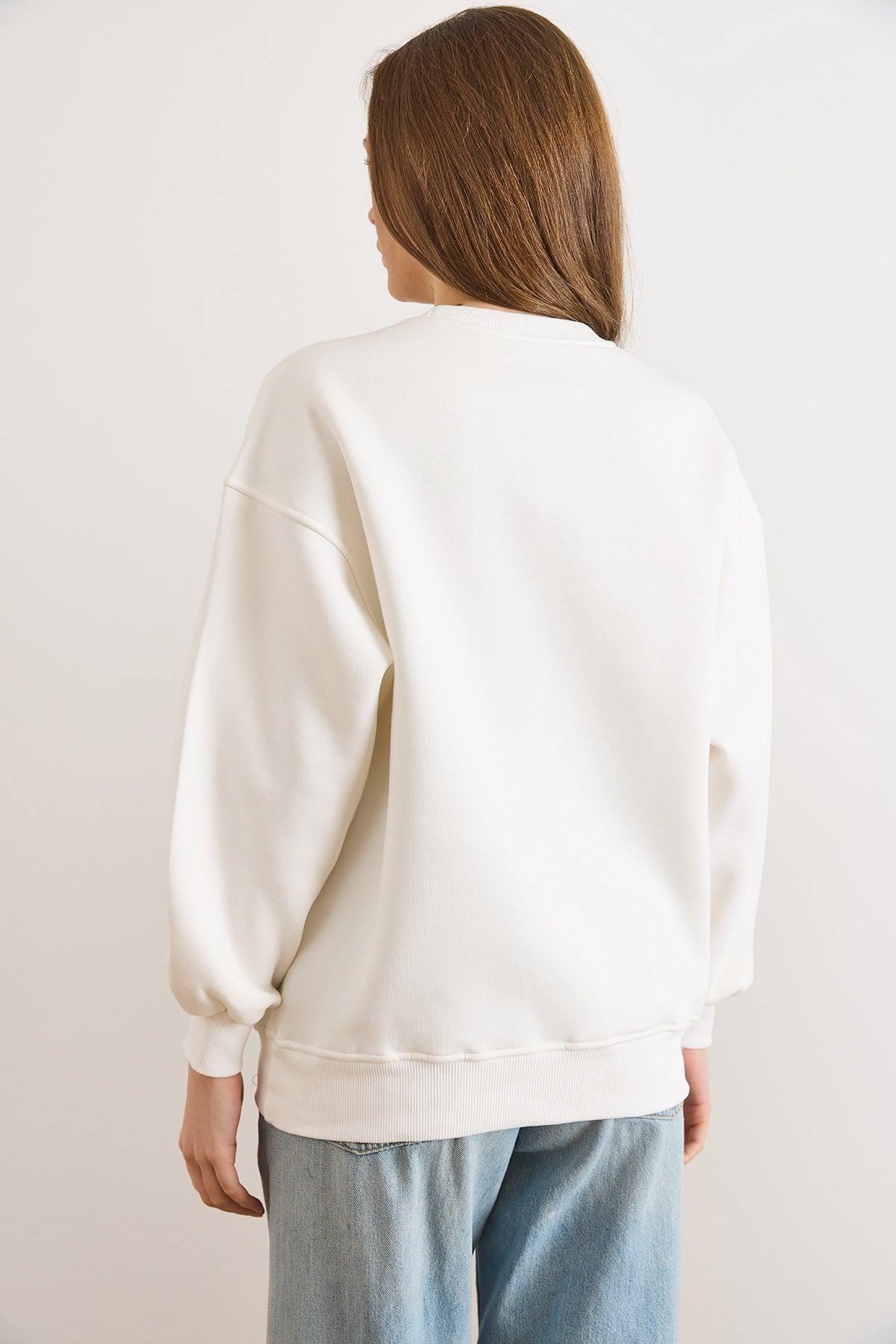 Ny Şardonlu Oversize Sweatshirt Beyaz