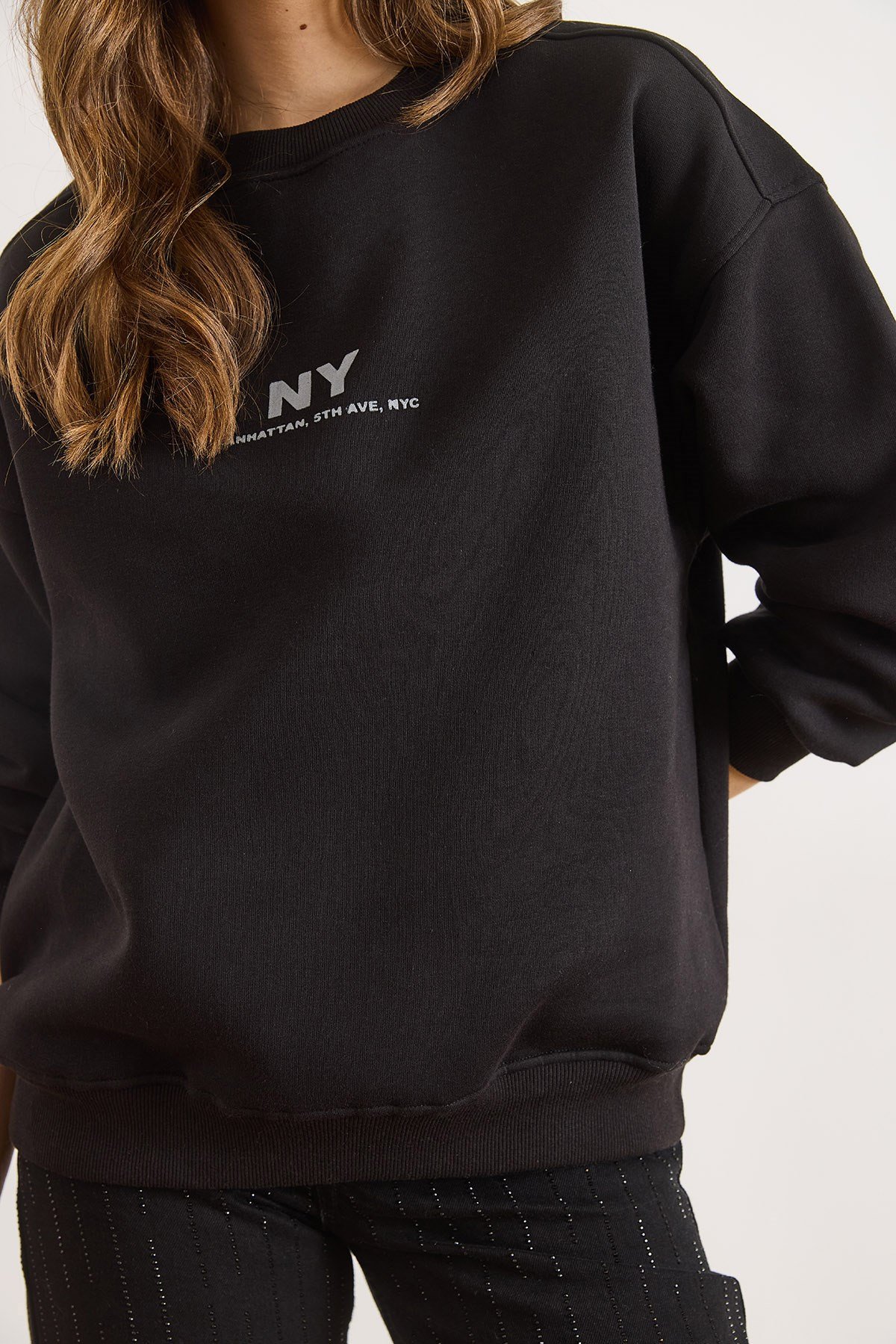 Ny Şardonlu Oversize Sweatshirt Siyah