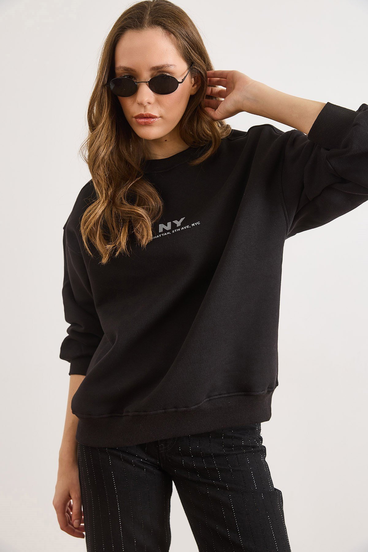 Ny Şardonlu Oversize Sweatshirt Siyah
